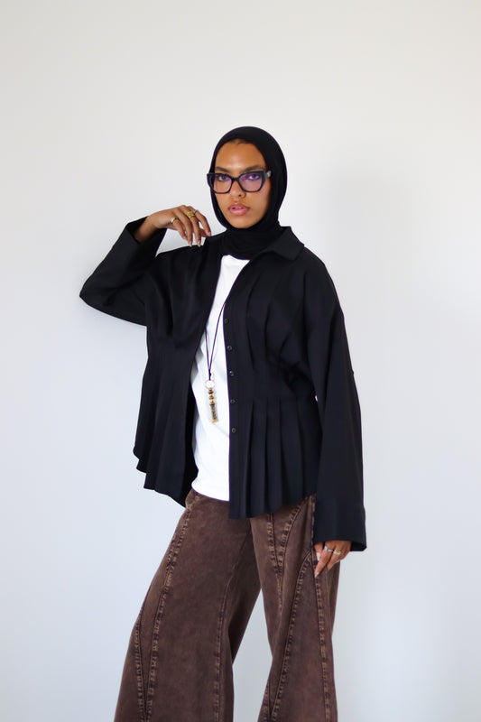 Pleated Round Shirt — Black