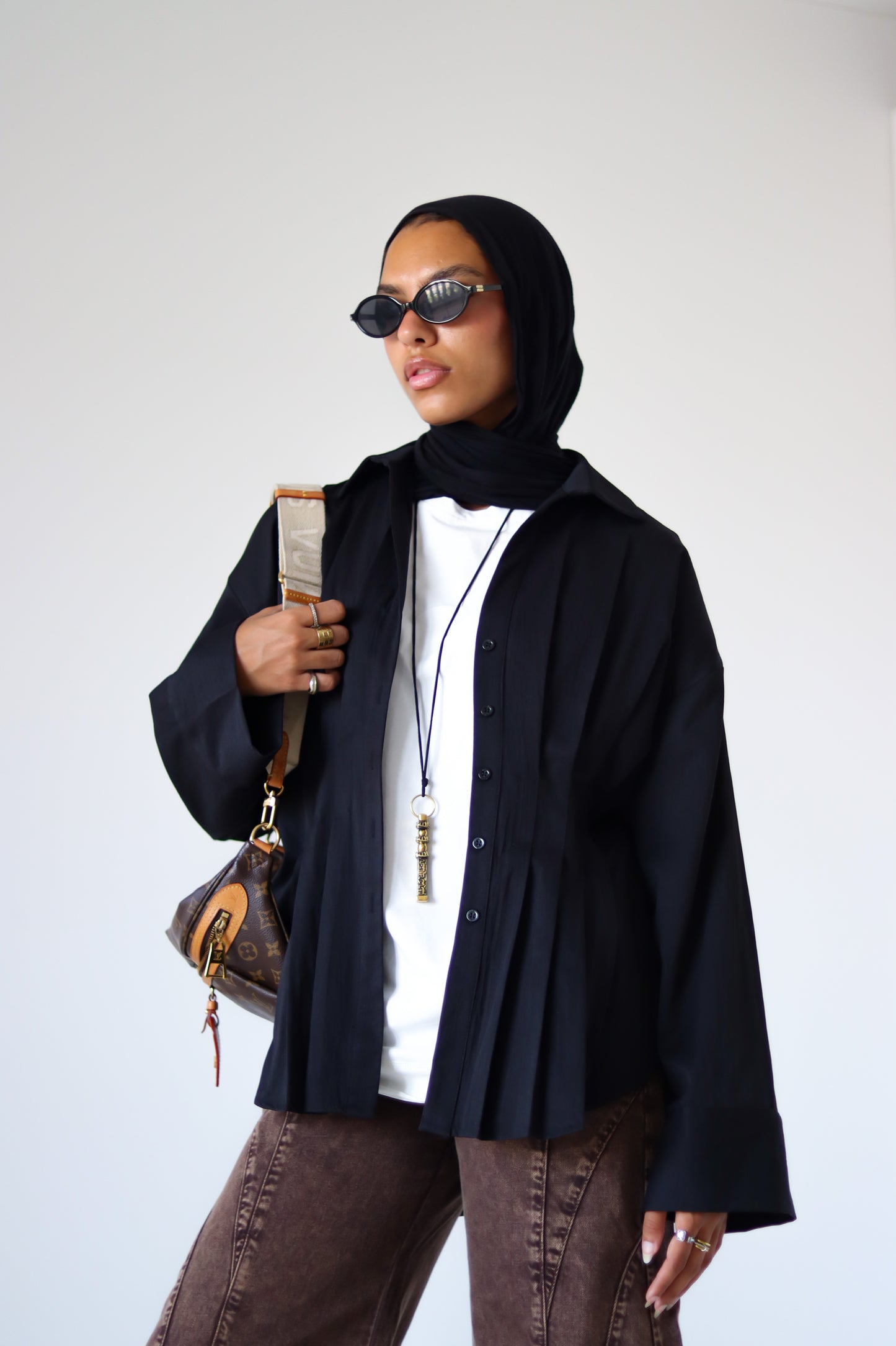 Pleated Round Shirt — Black