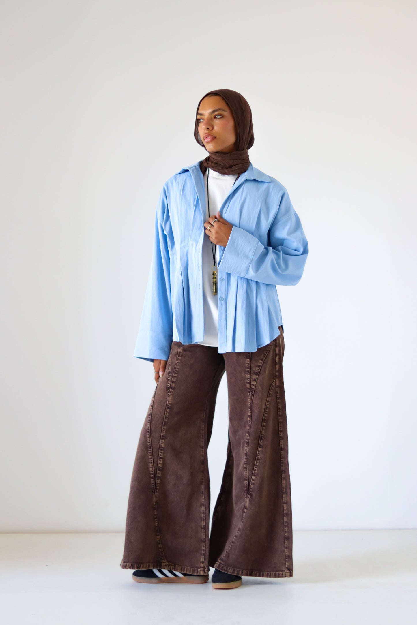 Pleated Round Shirt — Baby Blue