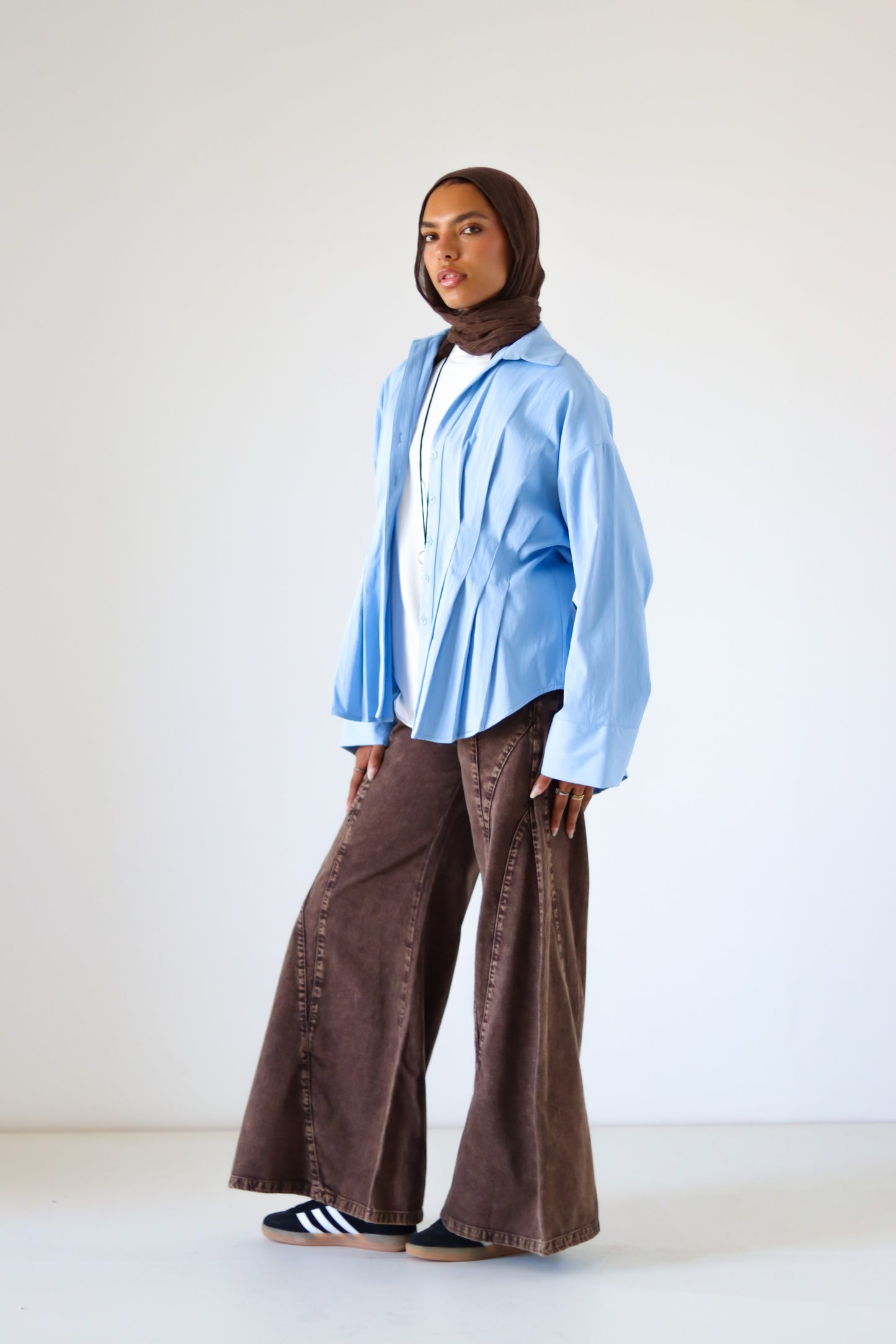 Pleated Round Shirt — Baby Blue