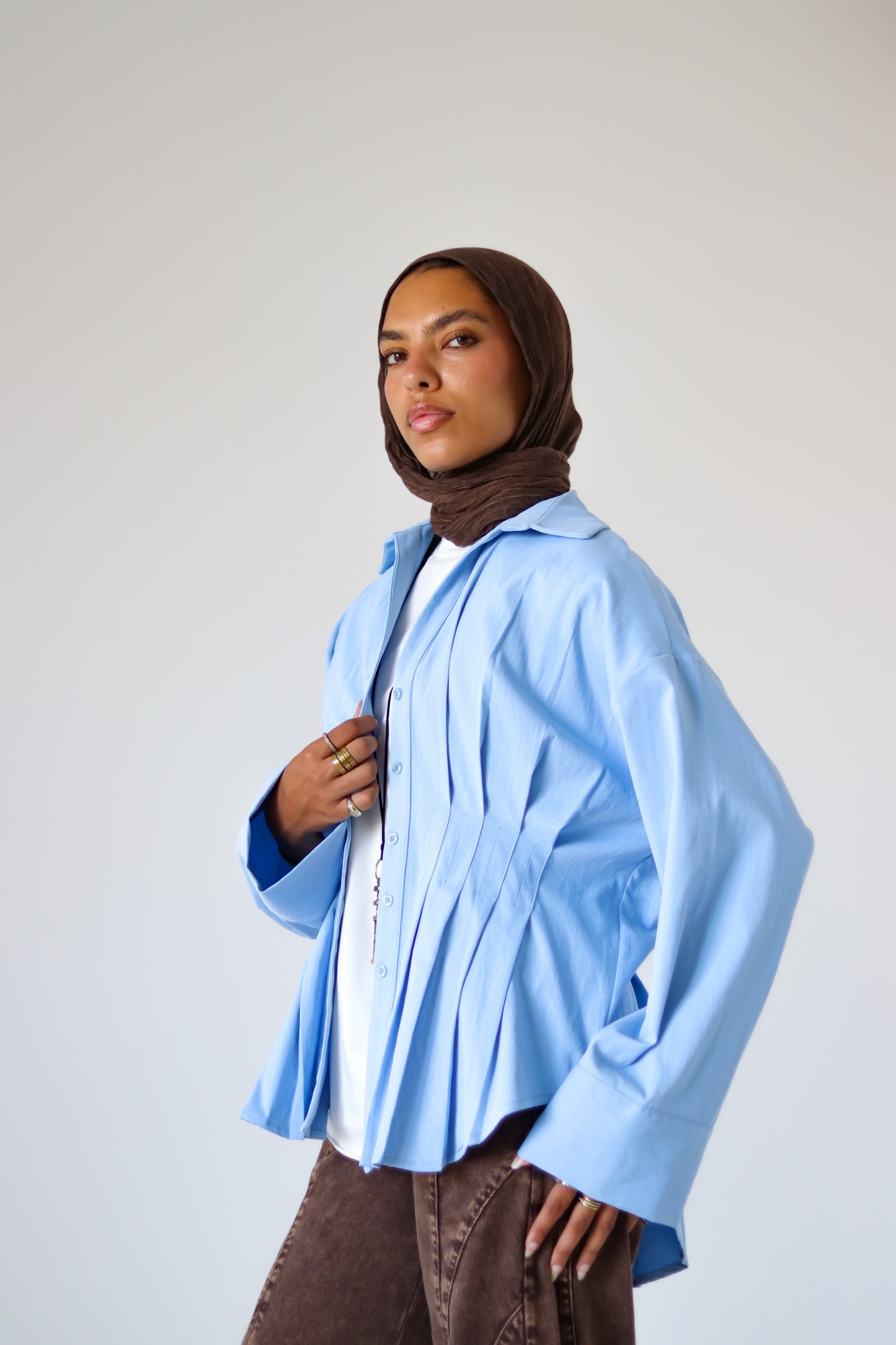 Pleated Round Shirt — Baby Blue