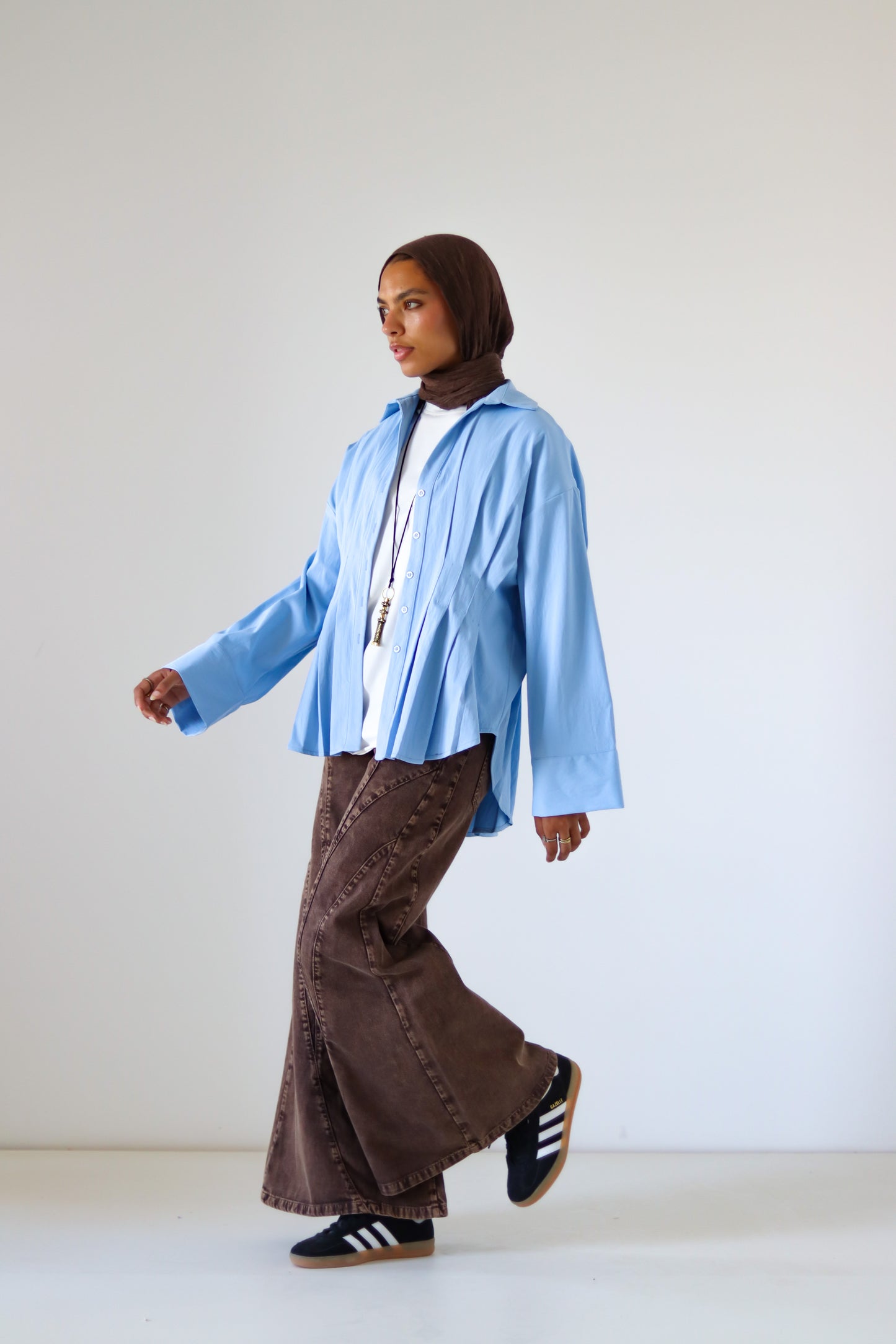 Pleated Round Shirt — Baby Blue