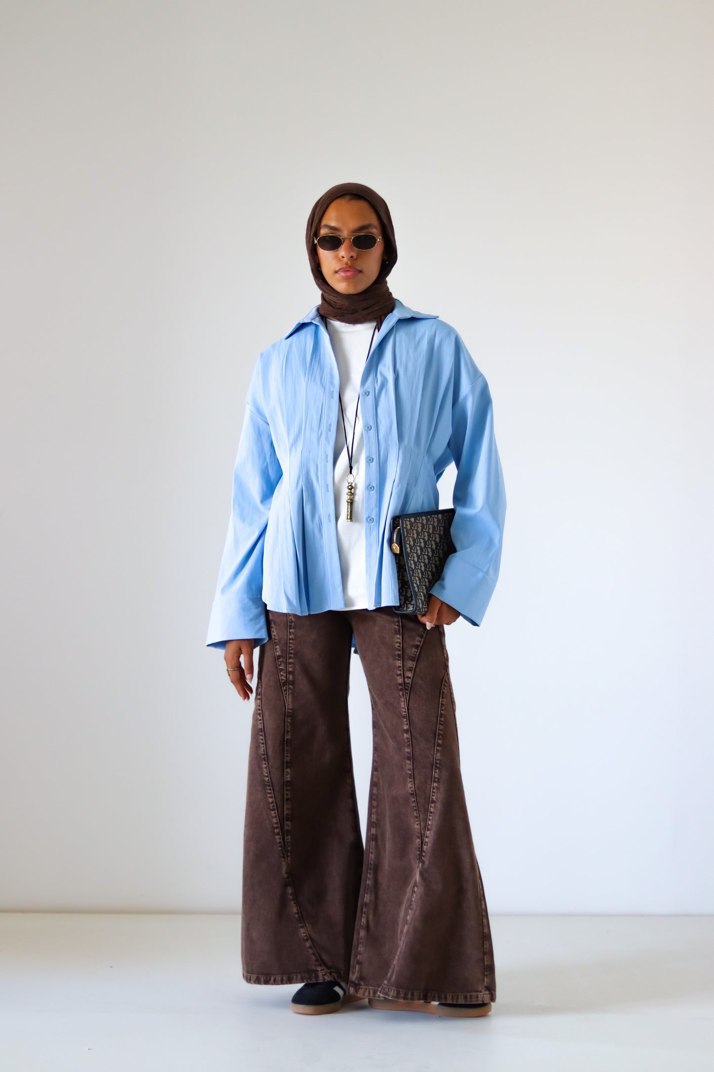 Pleated Round Shirt — Baby Blue