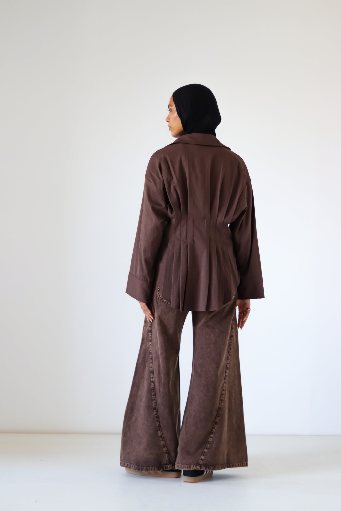 Pleated Round Shirt — Brown