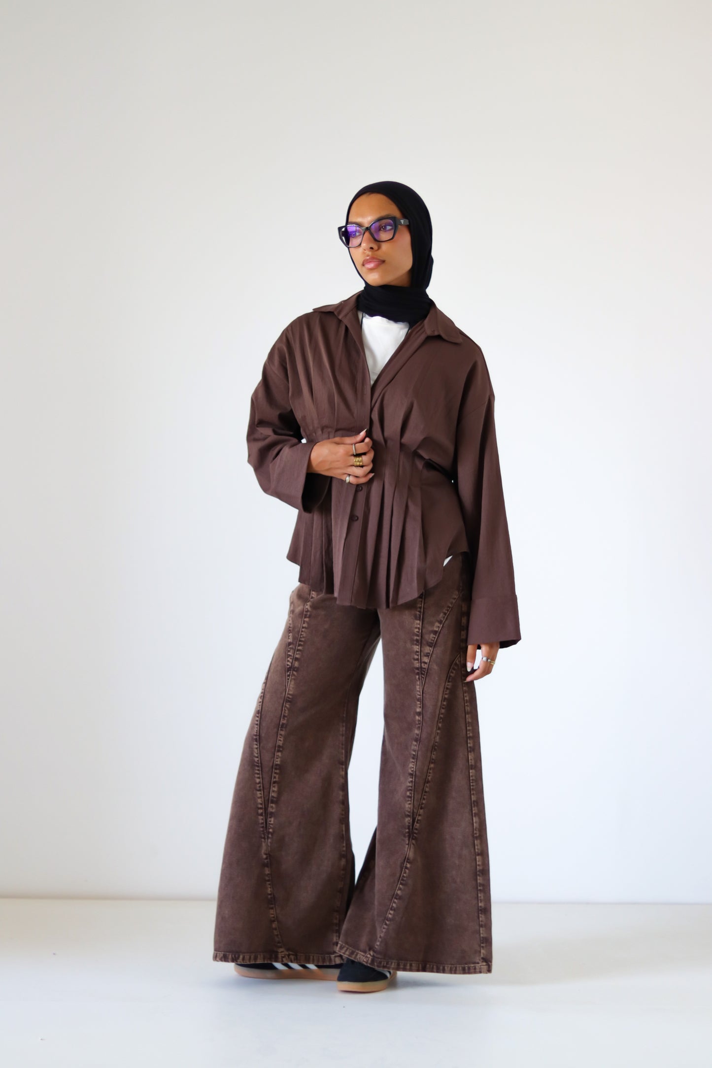Pleated Round Shirt — Brown