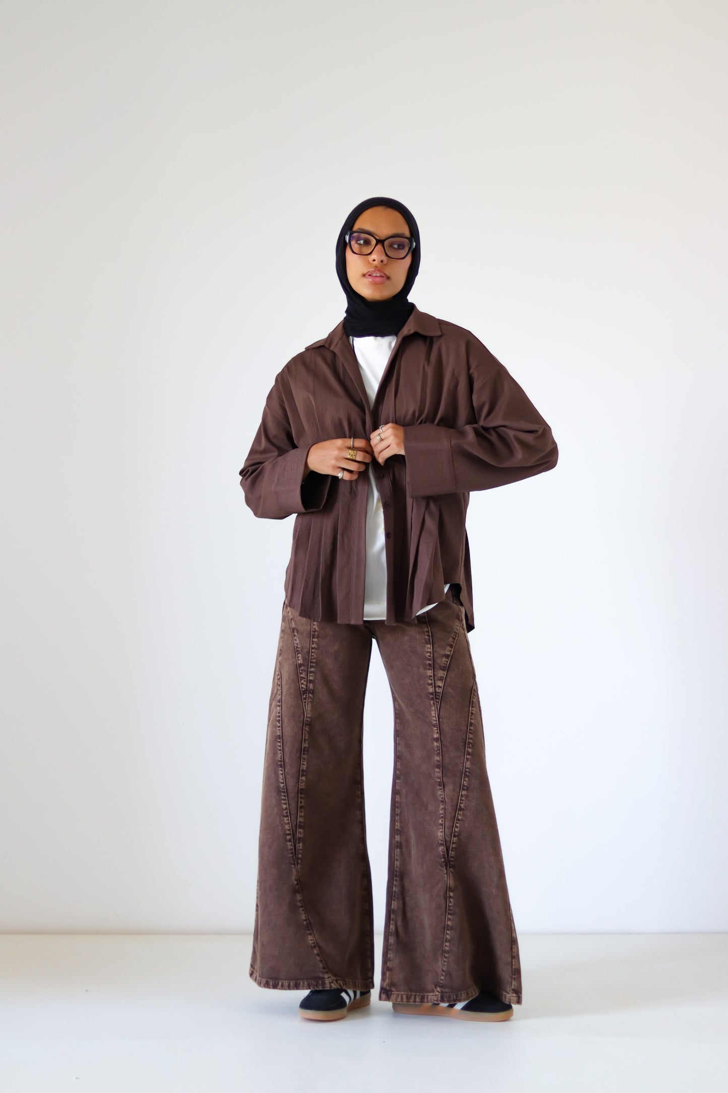Pleated Round Shirt — Brown