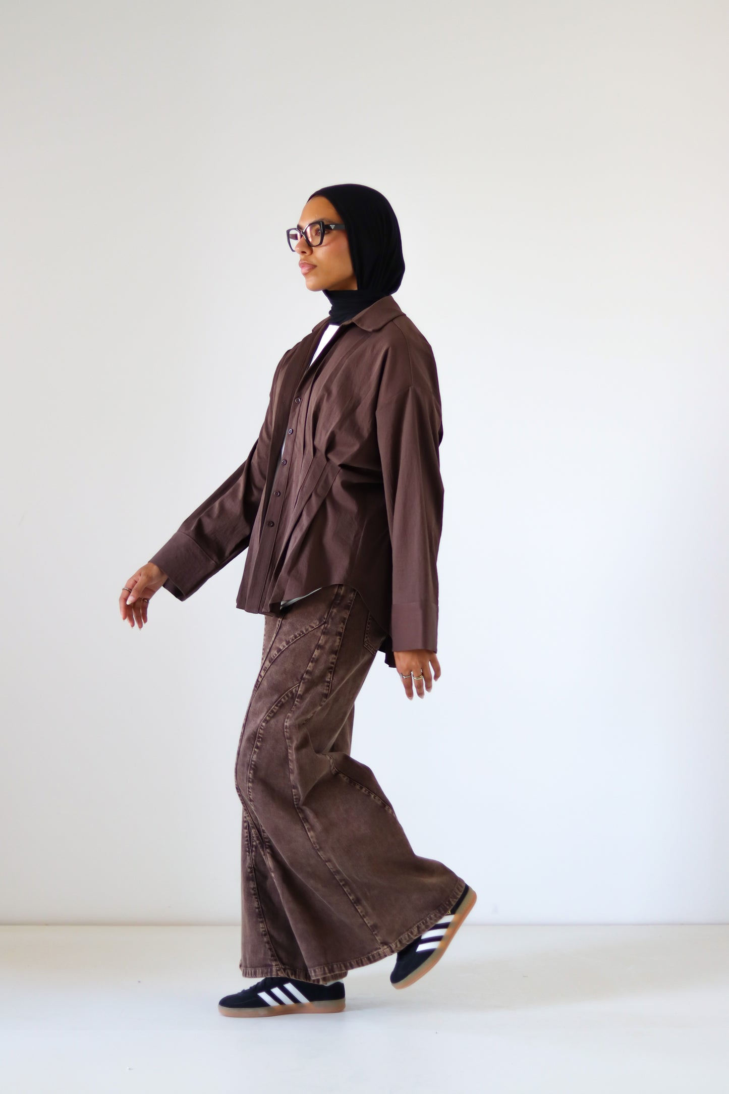 Pleated Round Shirt — Brown