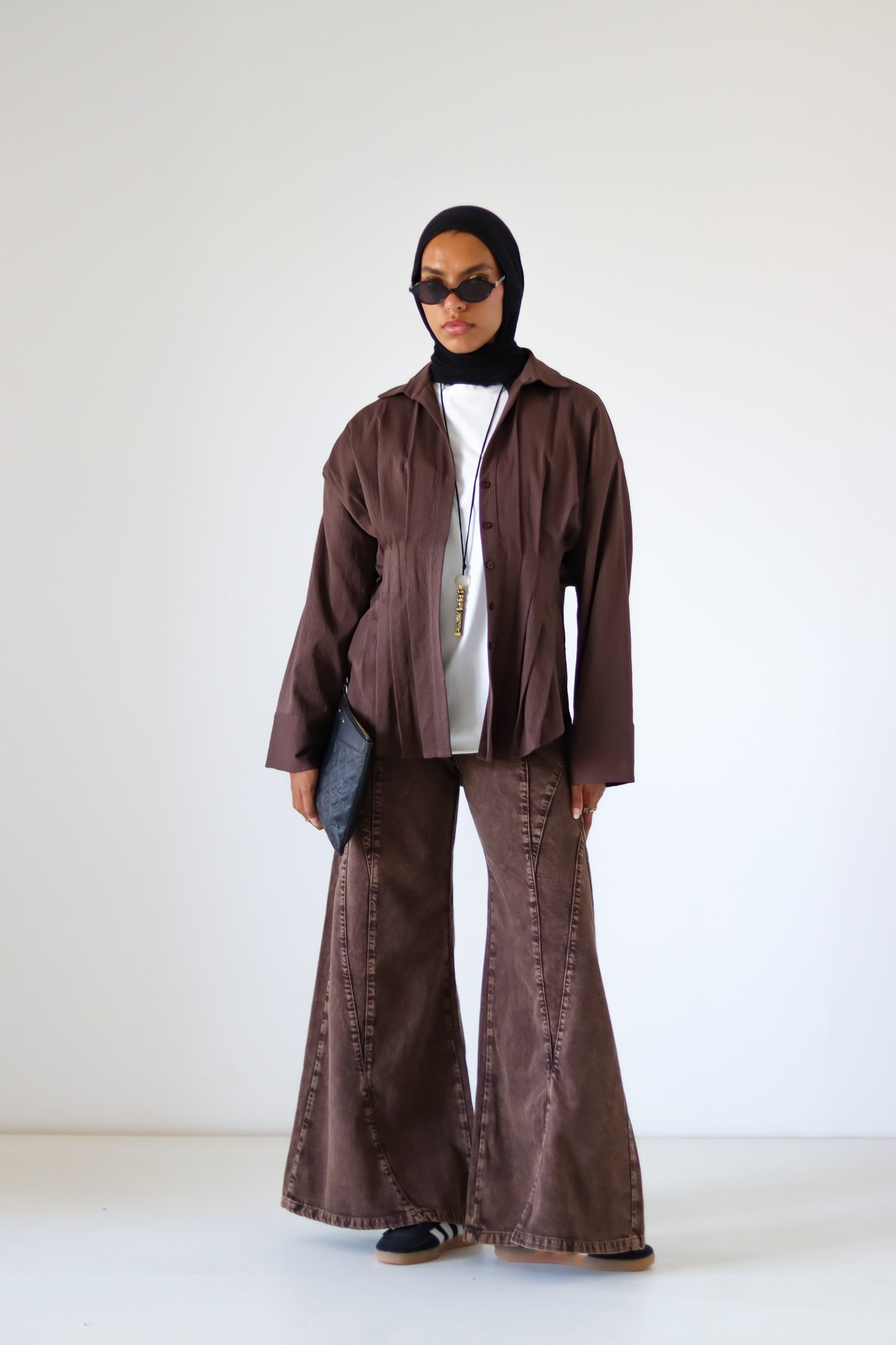 Pleated Round Shirt — Brown