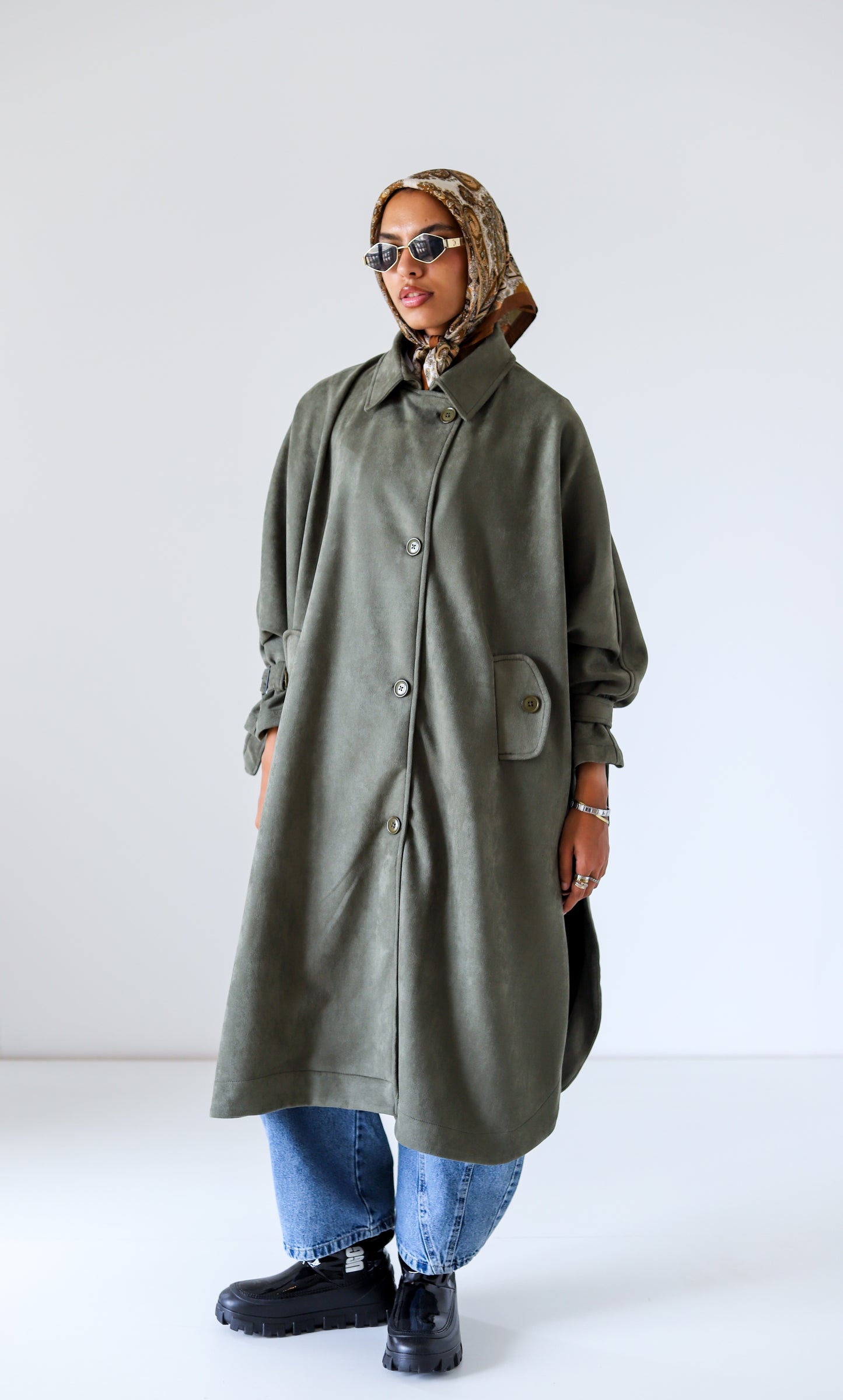 Open Sided Suede Coat — Olive