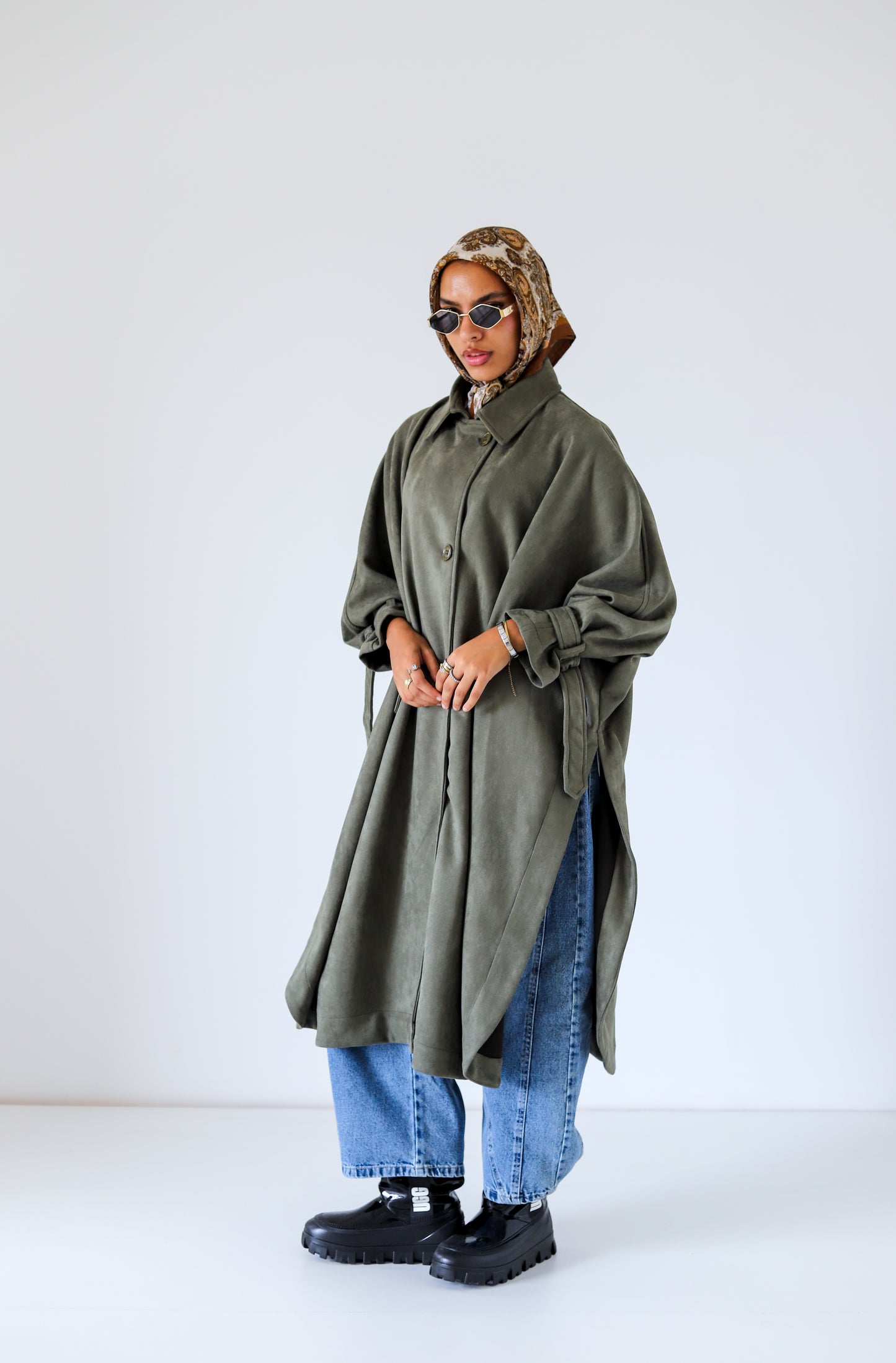 Open Sided Suede Coat — Olive