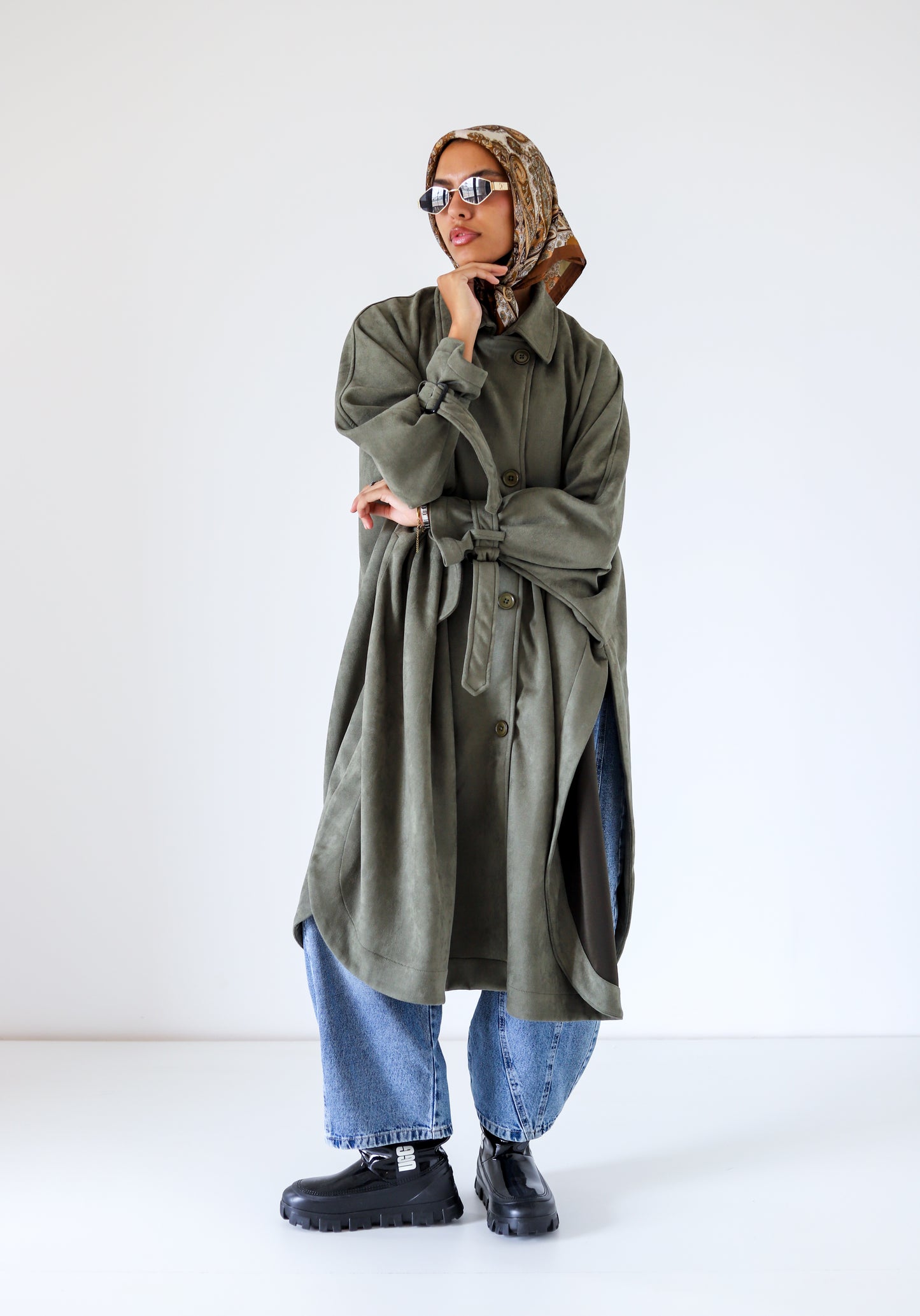 Open Sided Suede Coat — Olive