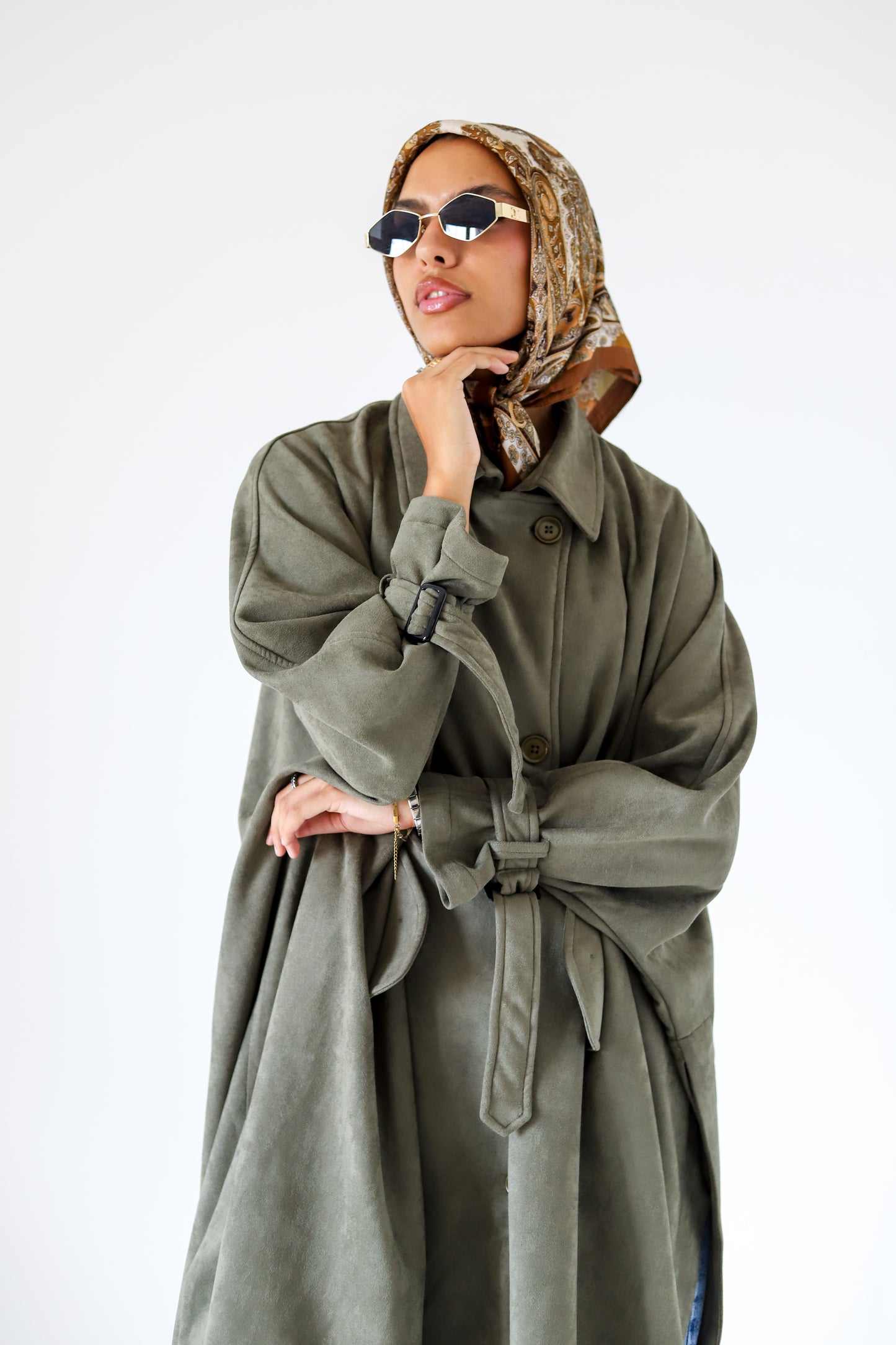 Open Sided Suede Coat — Olive