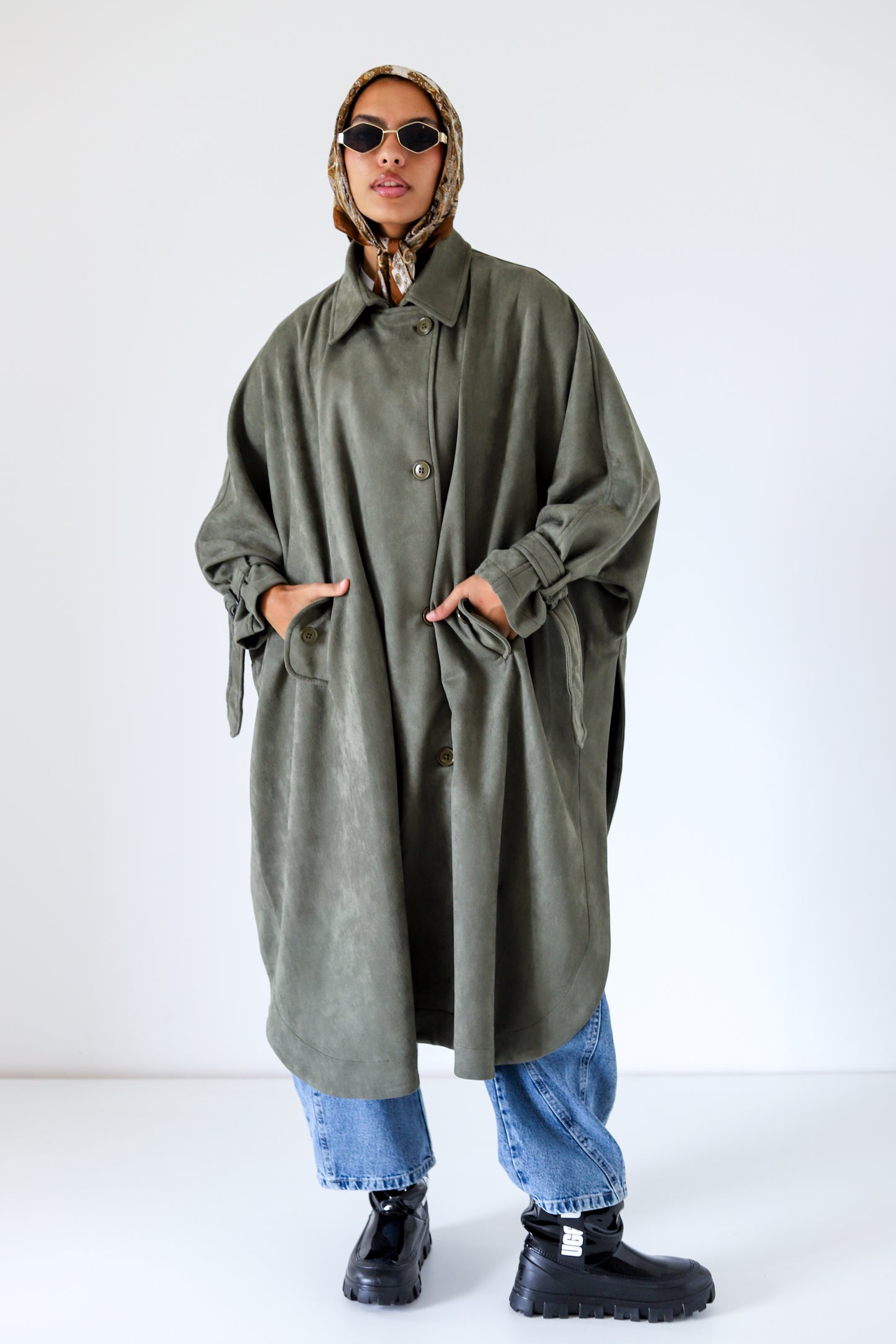 Open Sided Suede Coat — Olive