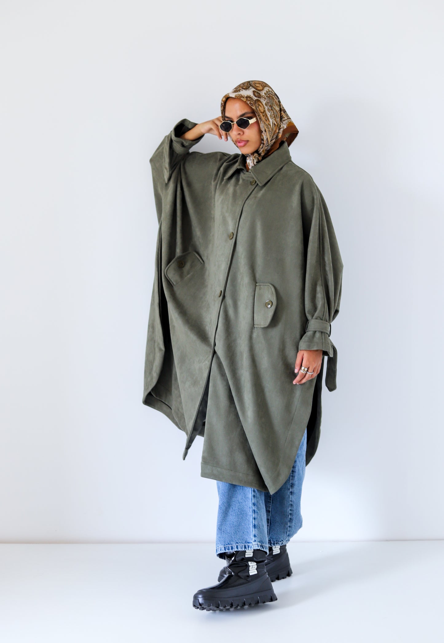 Open Sided Suede Coat — Olive