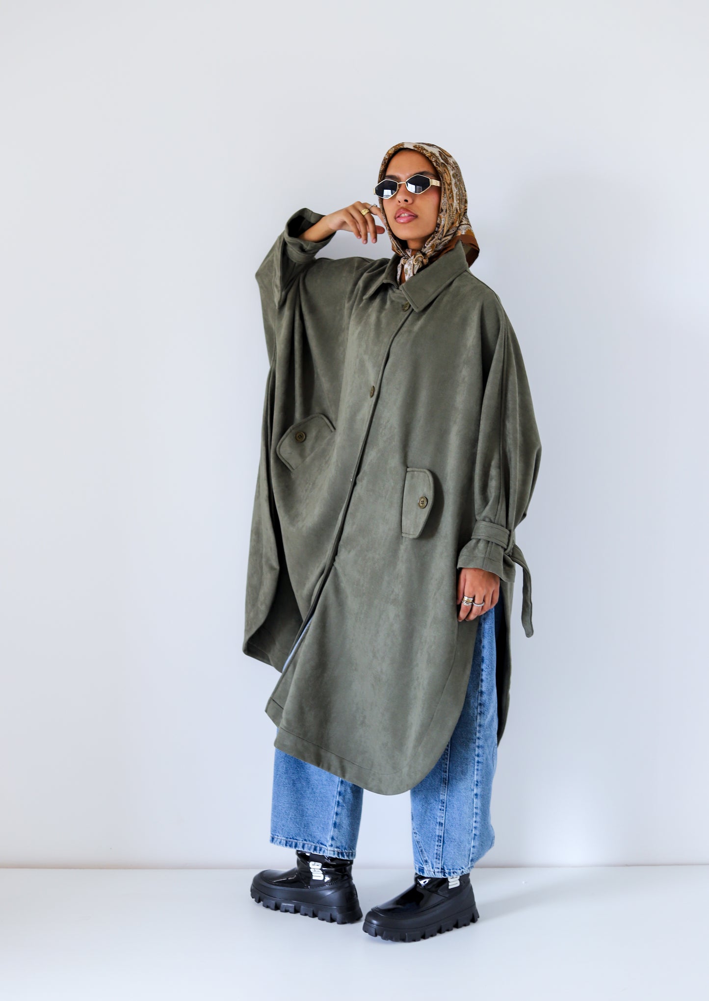 Open Sided Suede Coat — Olive