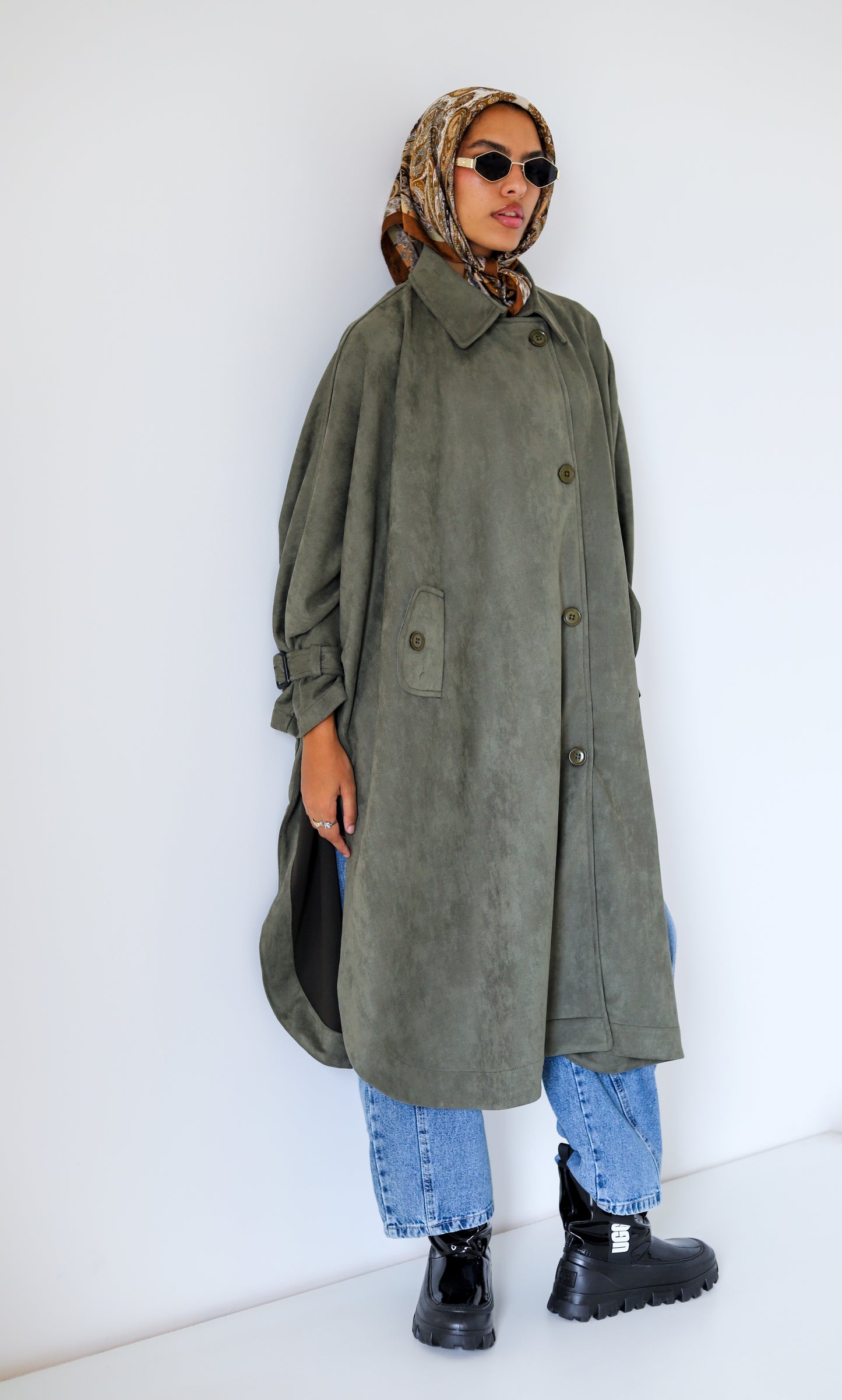 Open Sided Suede Coat — Olive