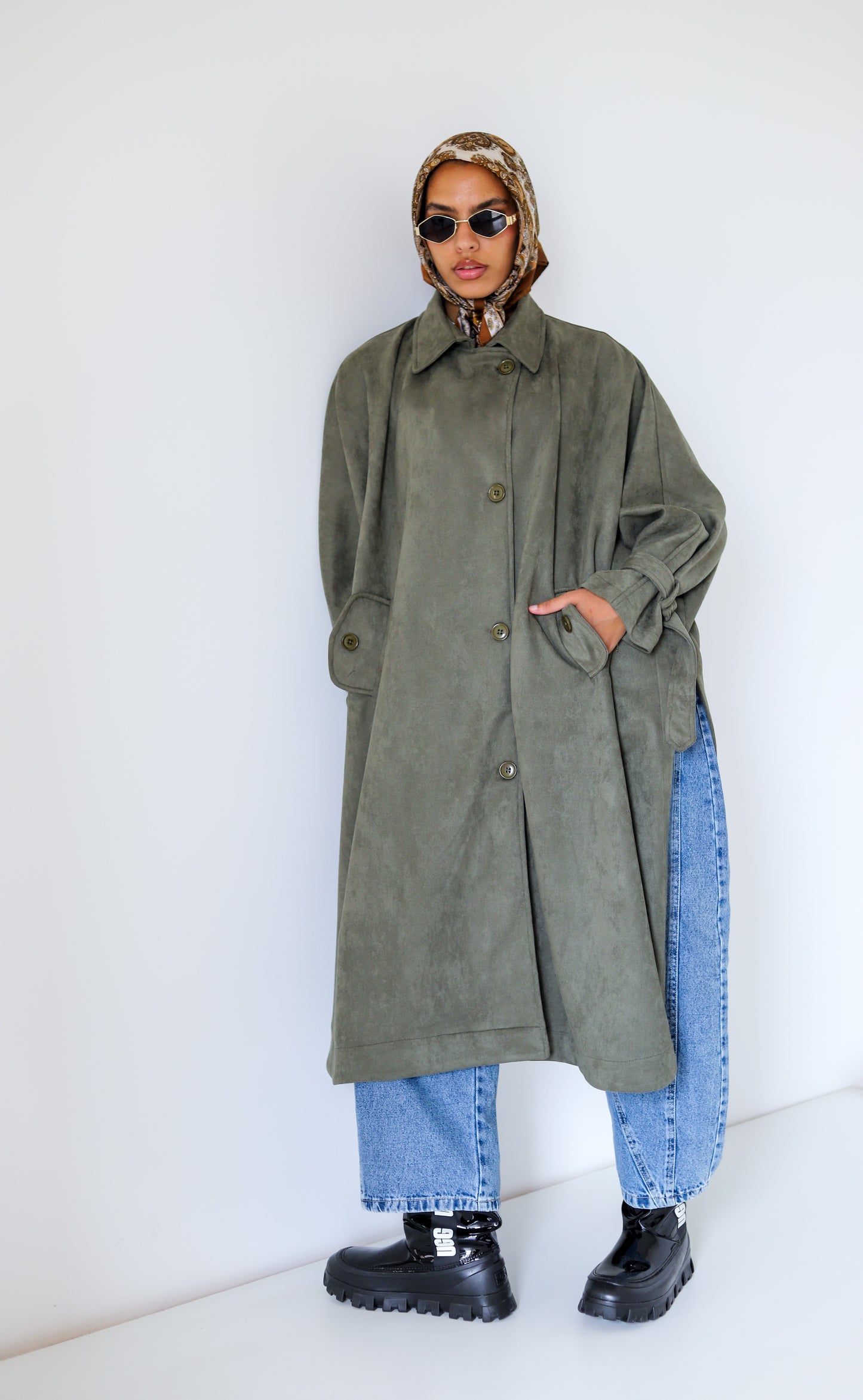 Open Sided Suede Coat — Olive