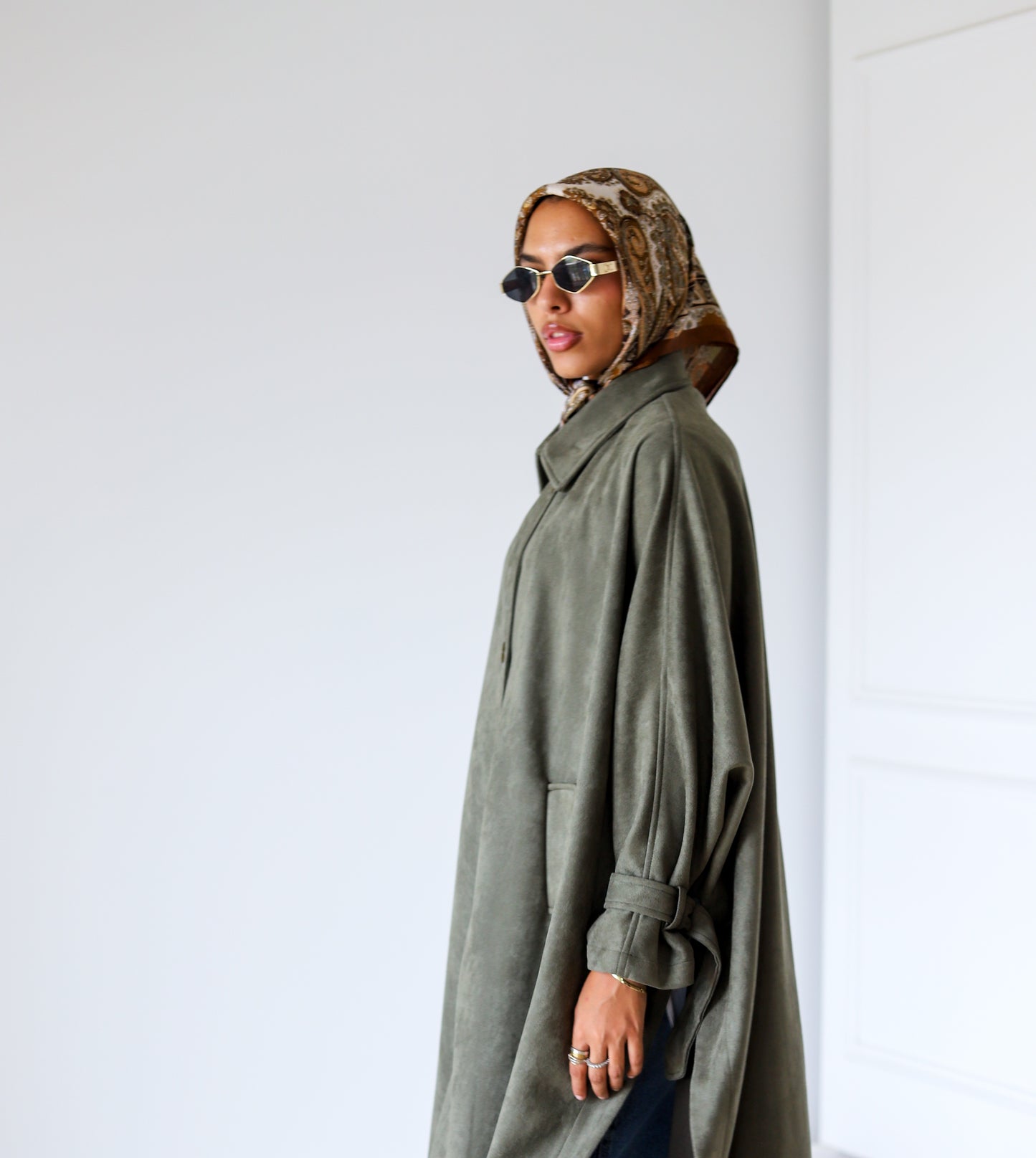 Open Sided Suede Coat — Olive