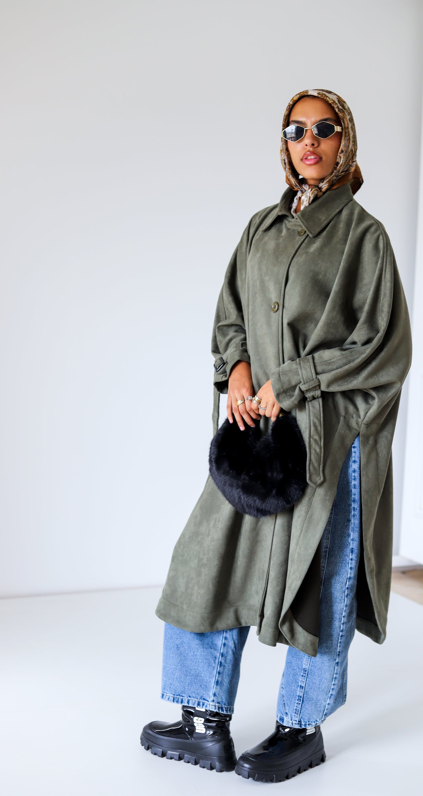 Open Sided Suede Coat — Olive