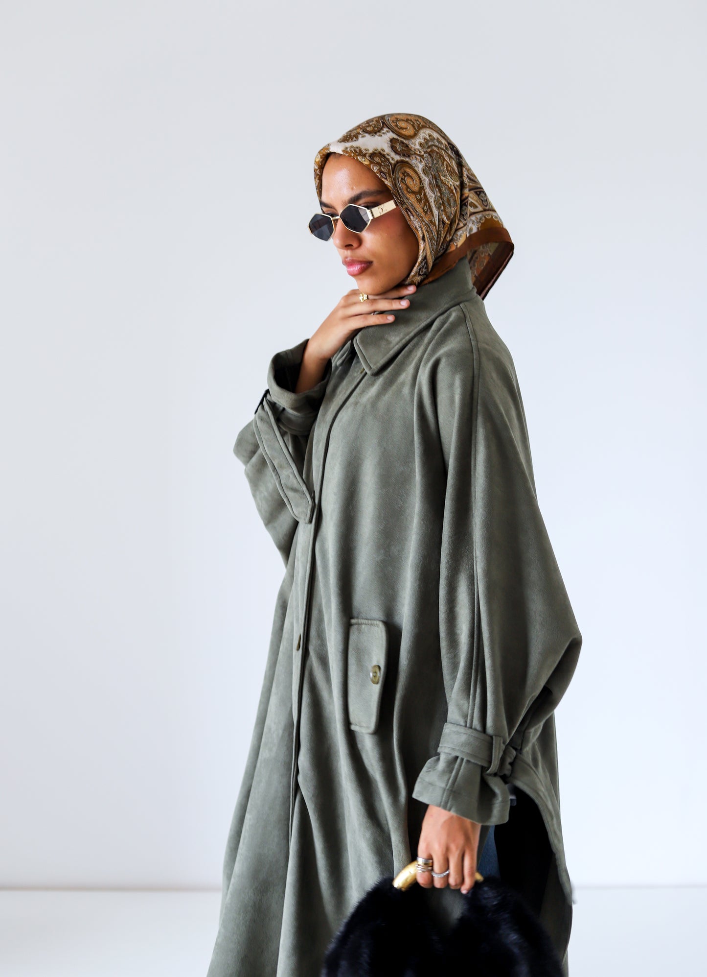 Open Sided Suede Coat — Olive