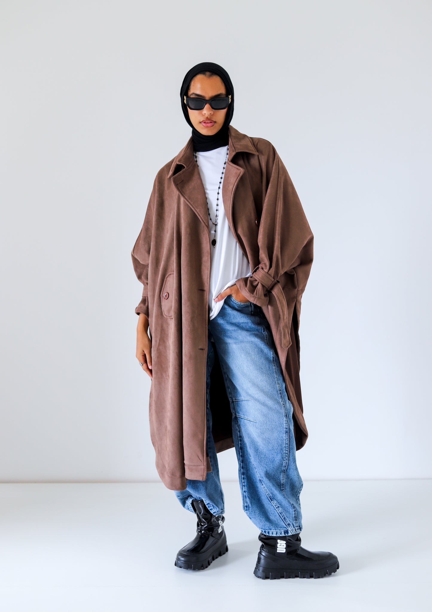 Open Sided Suede Coat — Brown