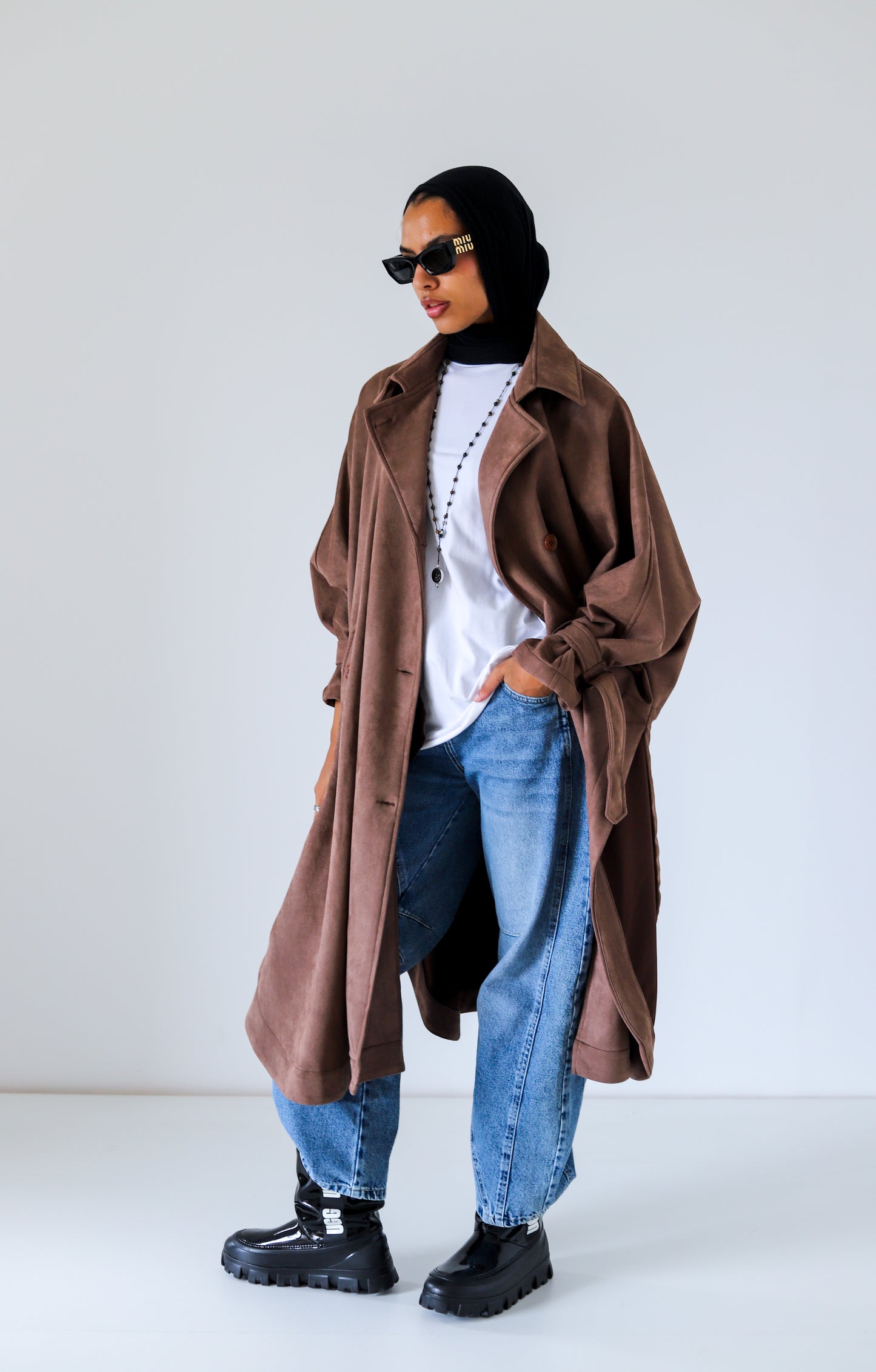 Open Sided Suede Coat — Brown