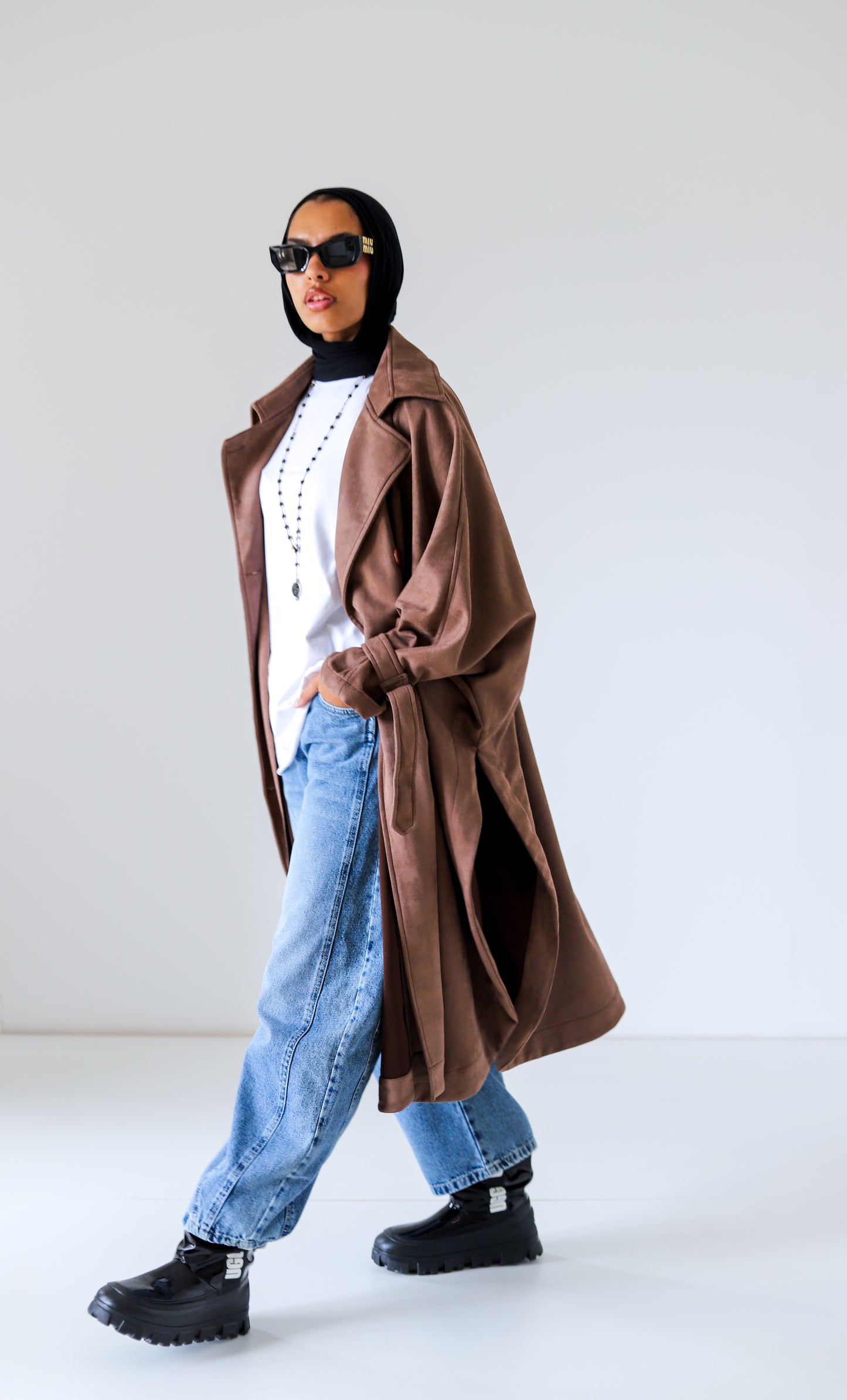 Open Sided Suede Coat — Brown