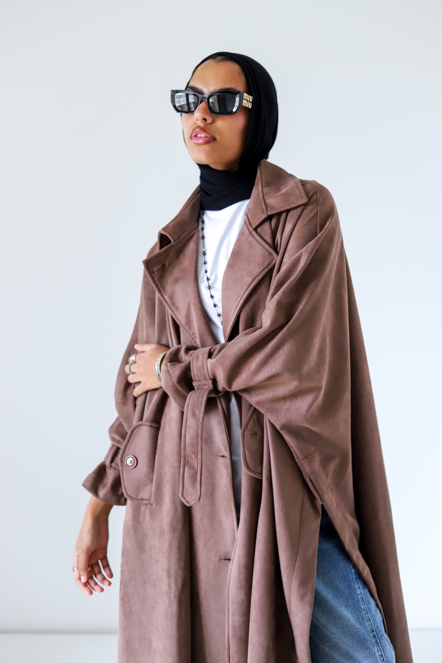 Open Sided Suede Coat — Brown