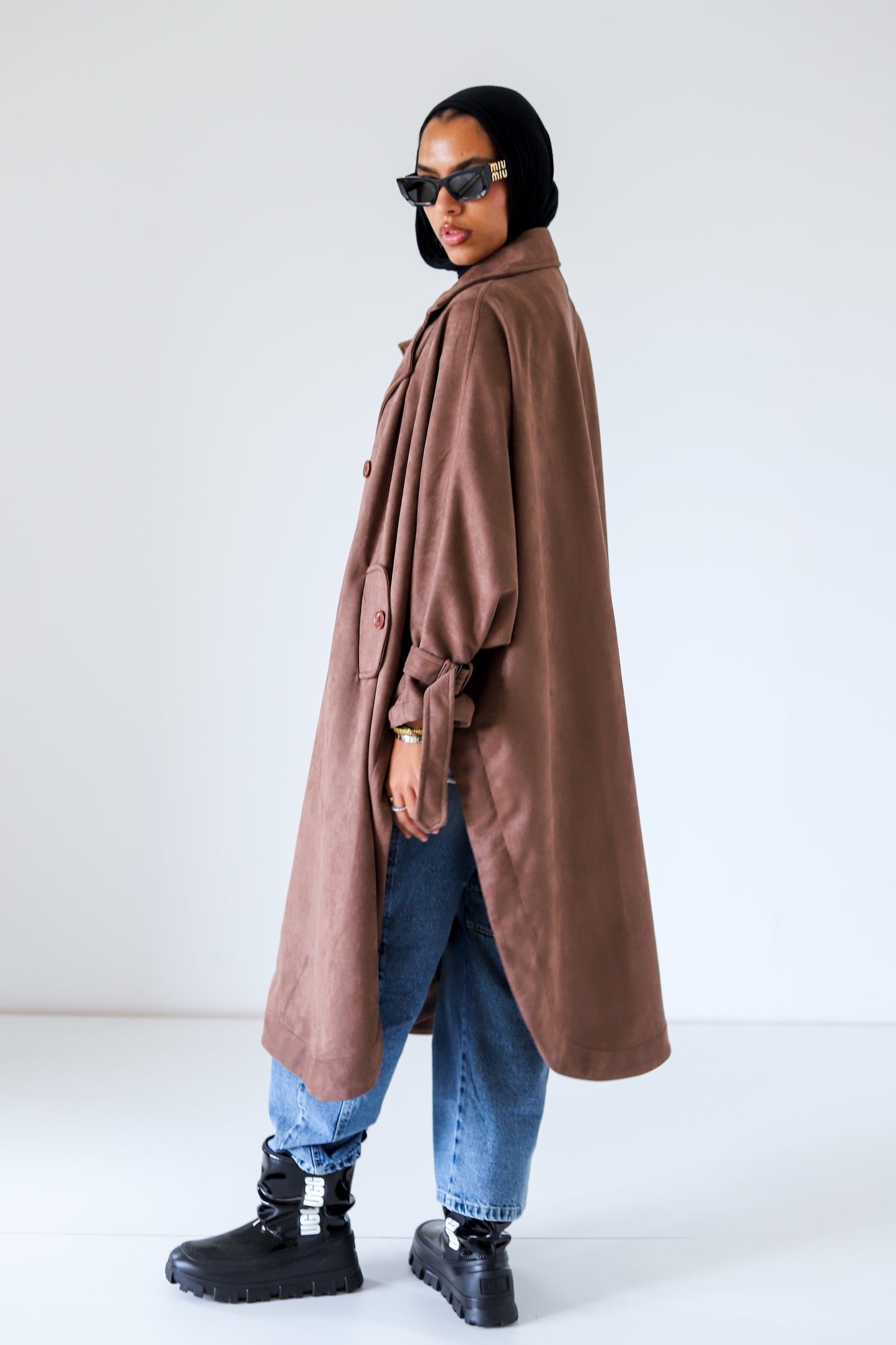 Open Sided Suede Coat — Brown