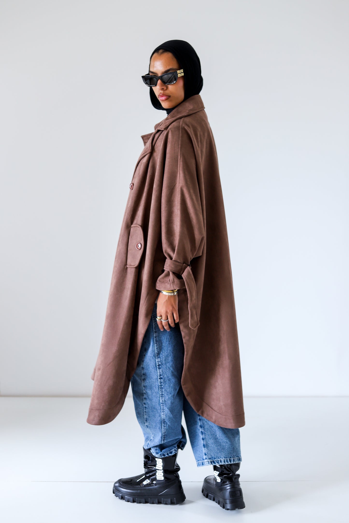 Open Sided Suede Coat — Brown