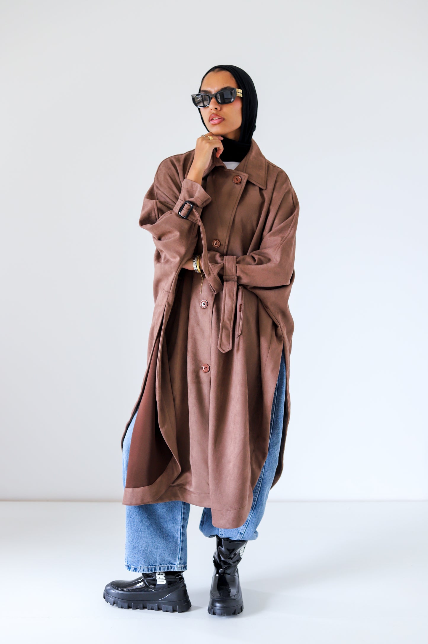 Open Sided Suede Coat — Brown