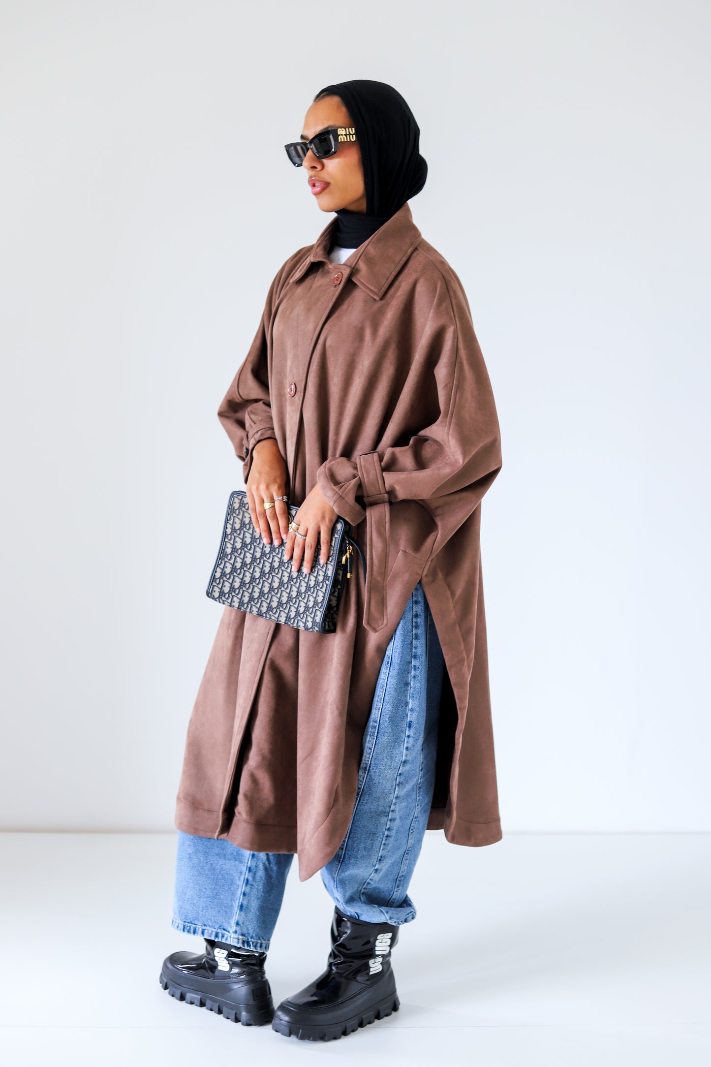Open Sided Suede Coat — Brown