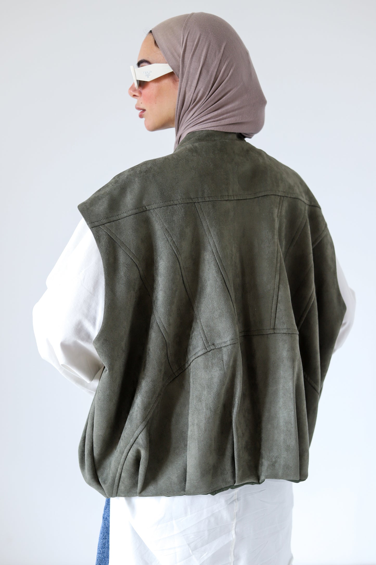 Bomber Pockets Suede Vest — Olive