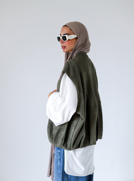 Bomber Pockets Suede Vest — Olive