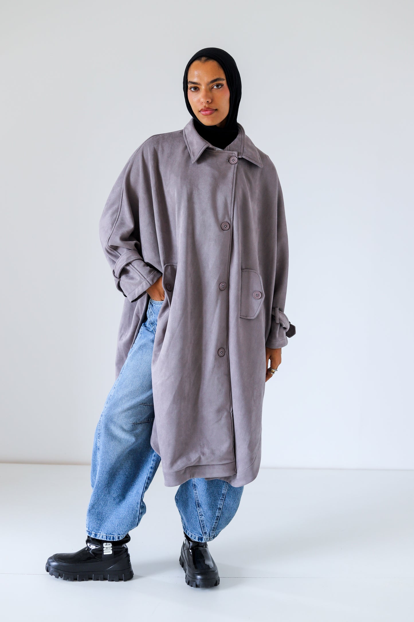 Open Sided Suede Coat — Gray