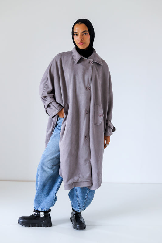 Open Sided Suede Coat — Gray