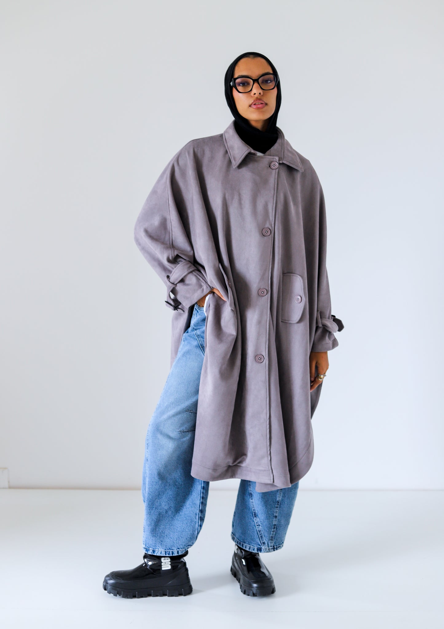Open Sided Suede Coat — Gray