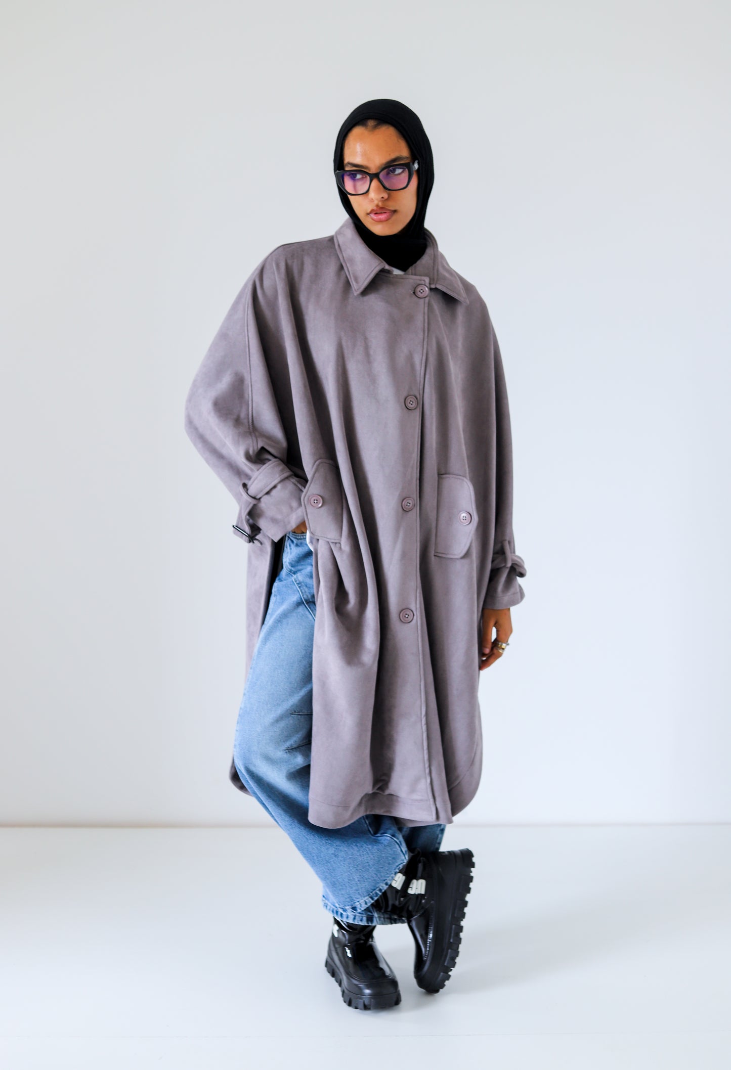 Open Sided Suede Coat — Gray