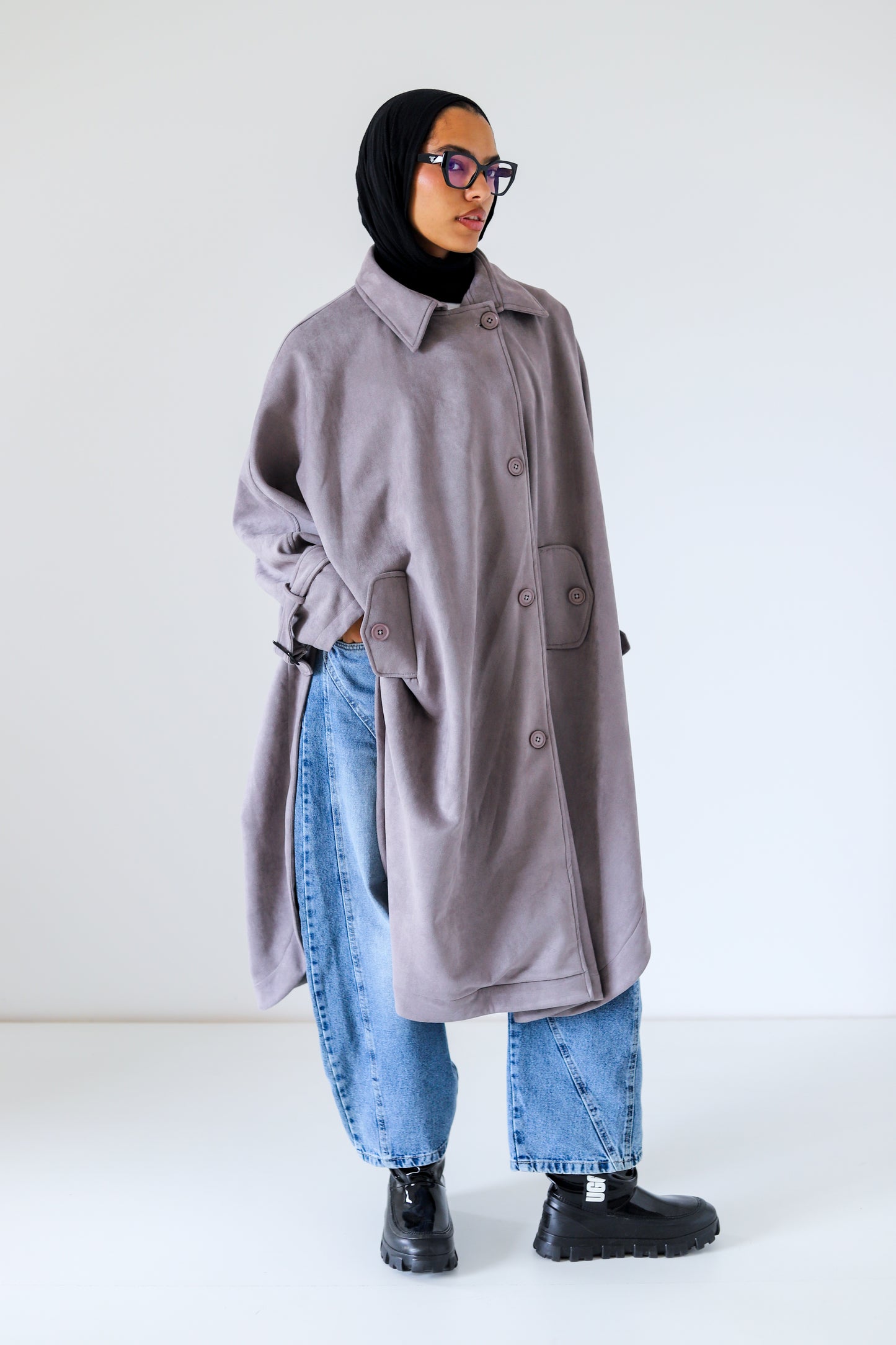Open Sided Suede Coat — Gray