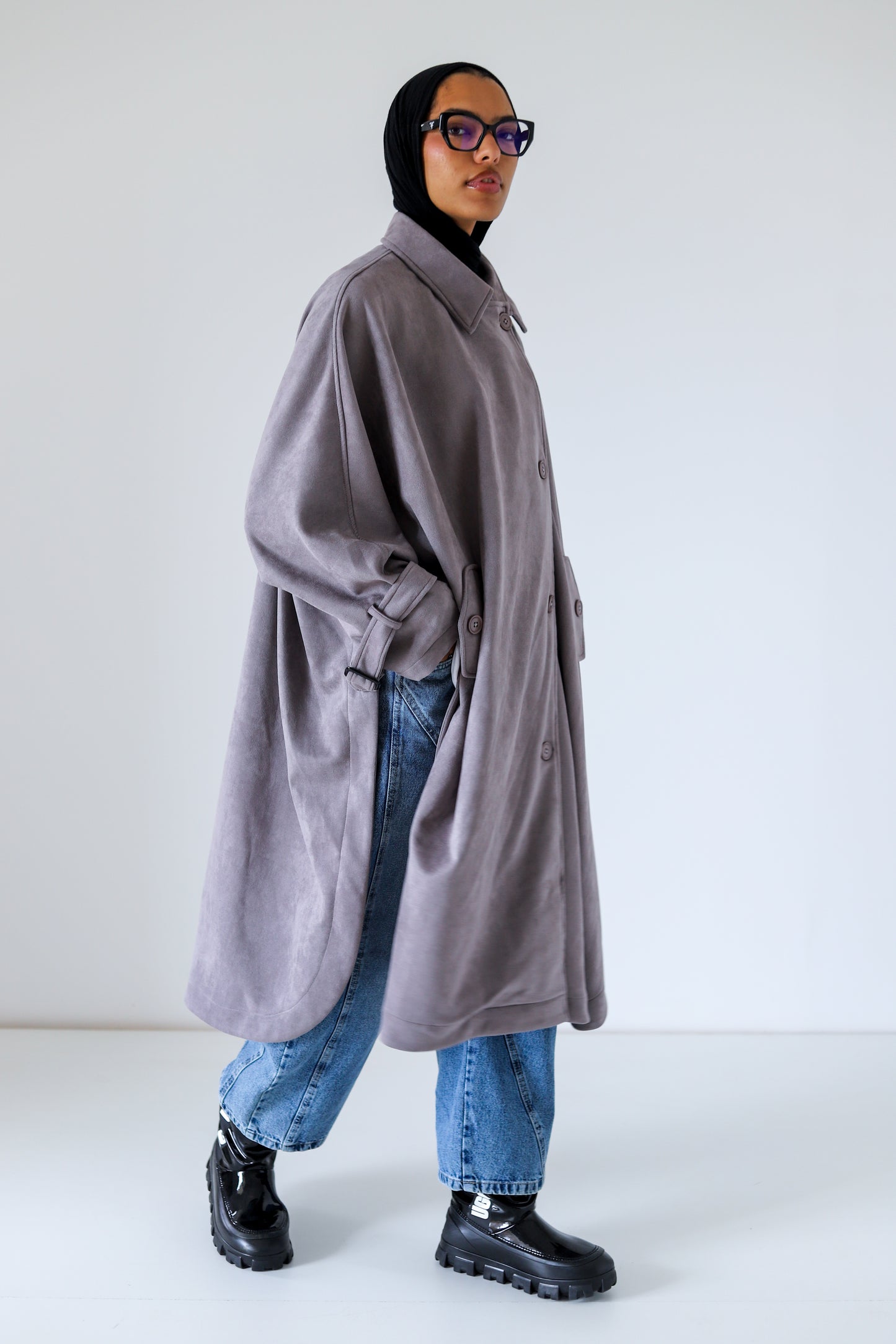 Open Sided Suede Coat — Gray