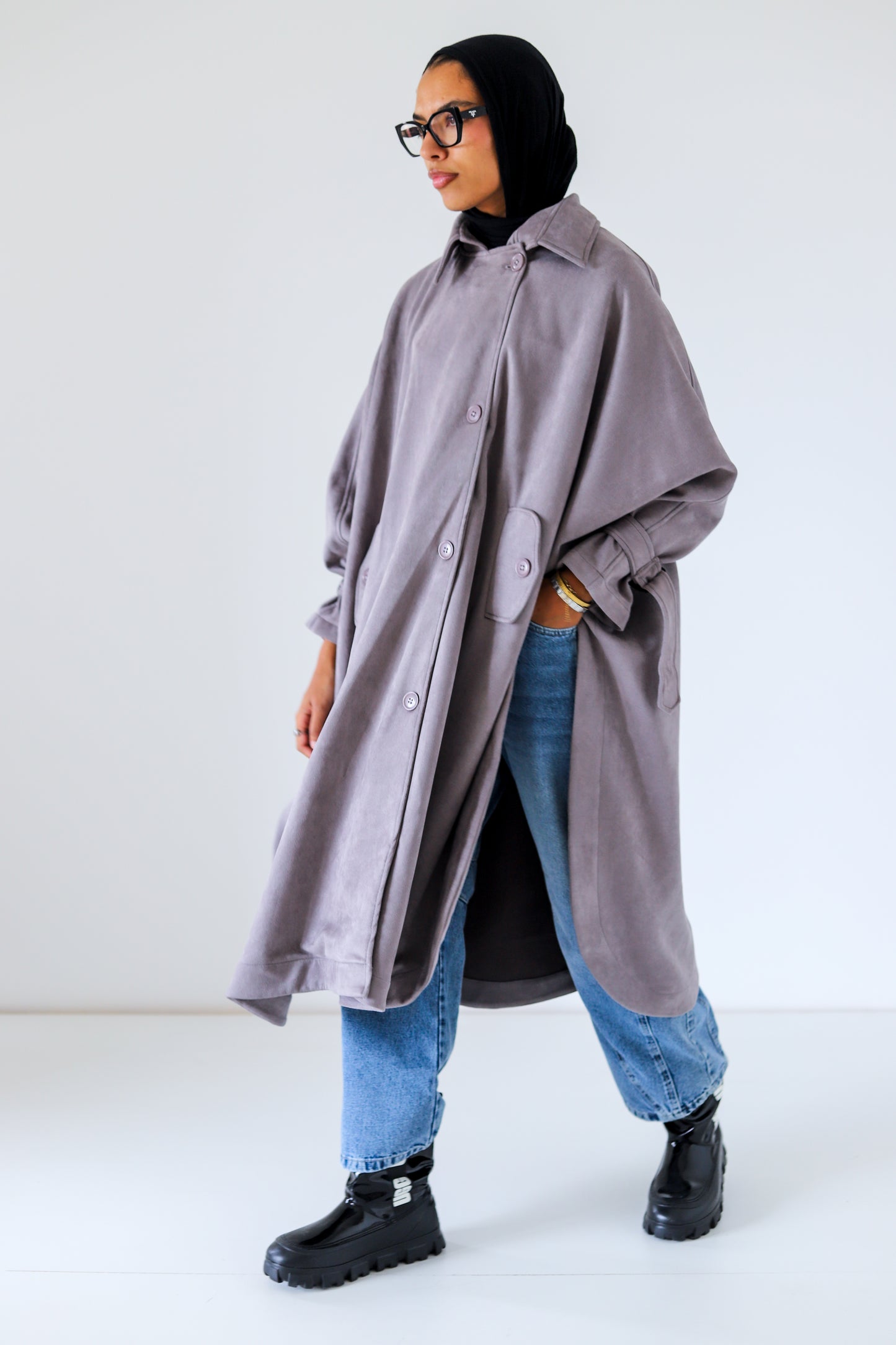 Open Sided Suede Coat — Gray