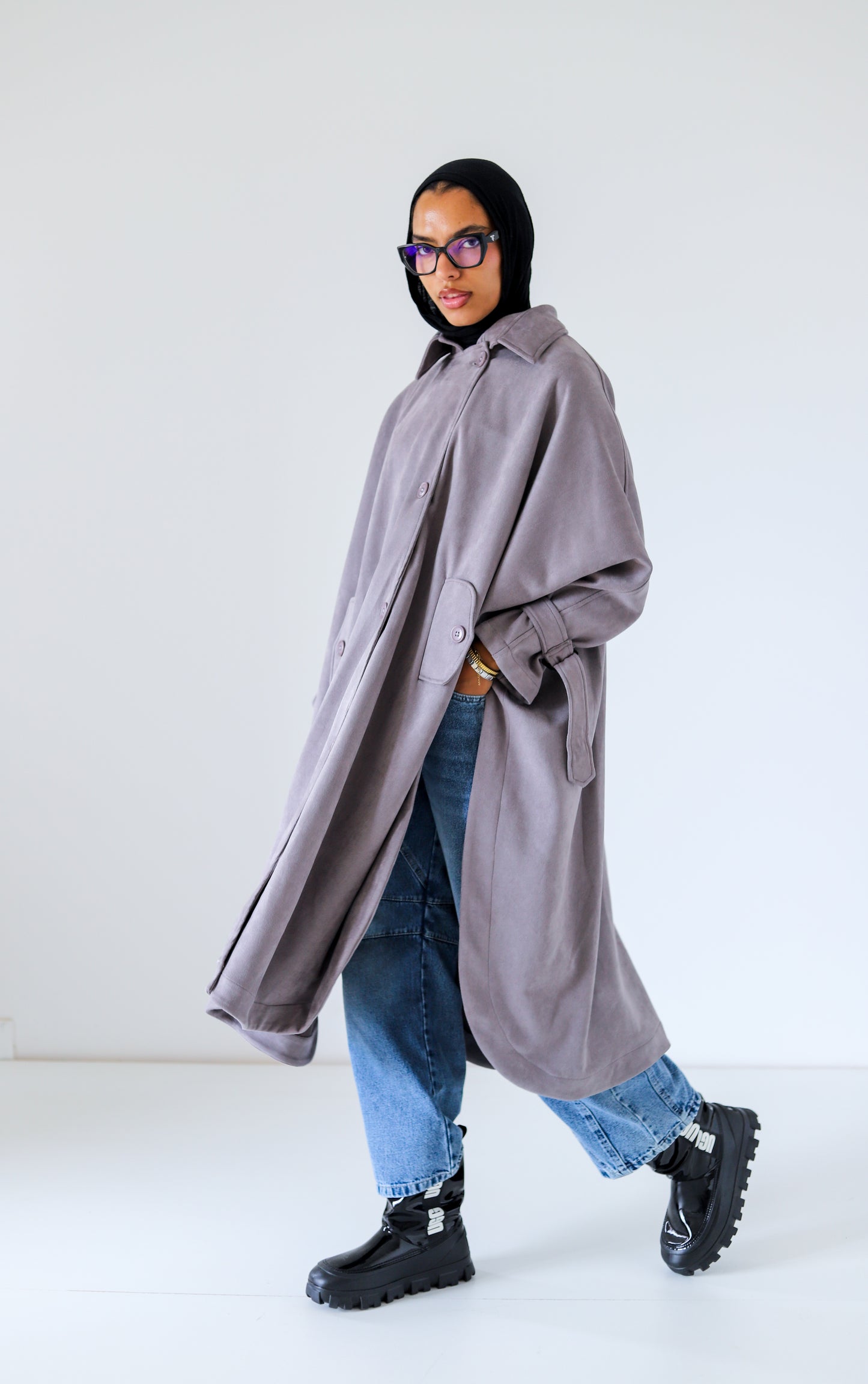 Open Sided Suede Coat — Gray