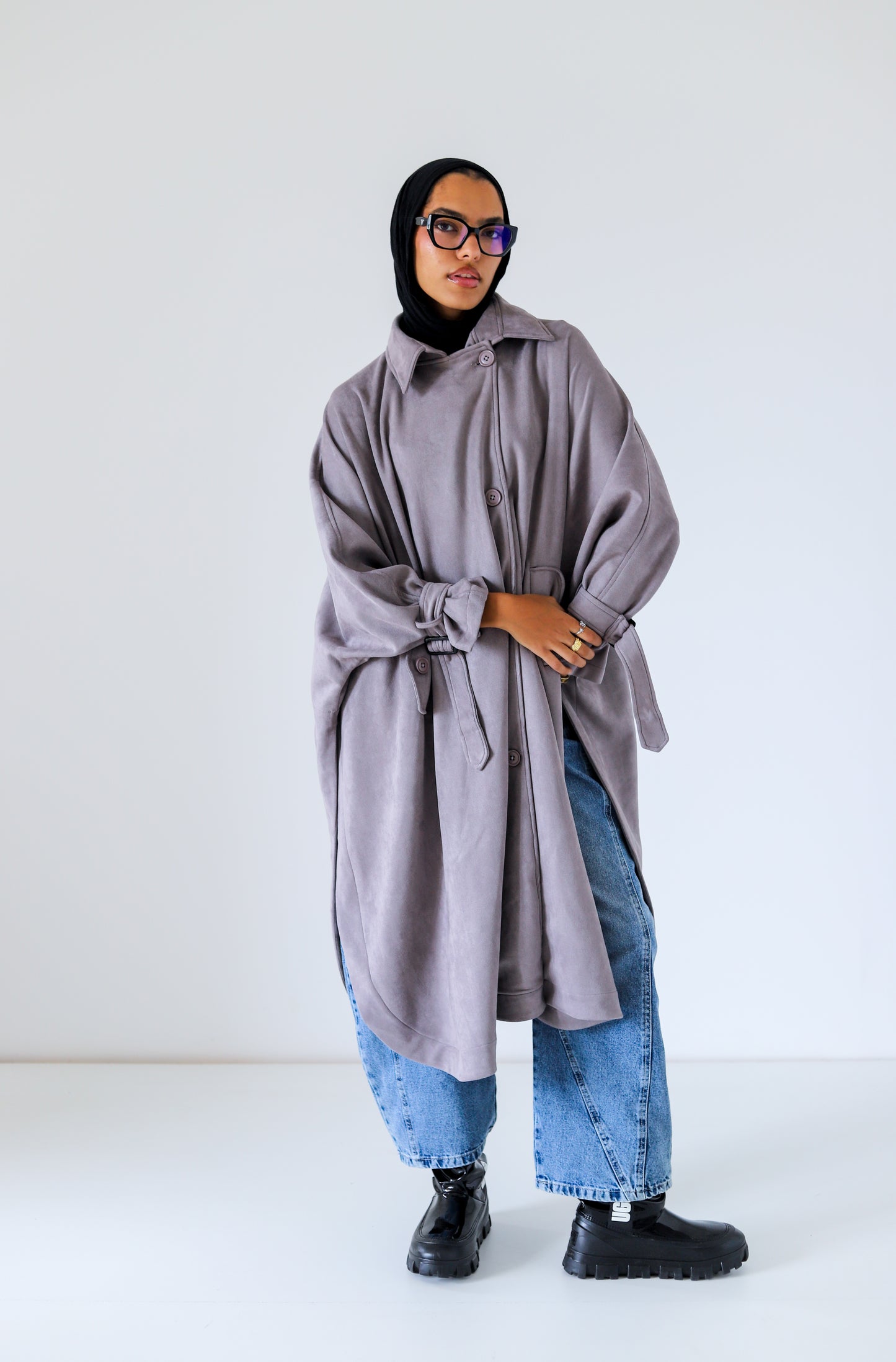 Open Sided Suede Coat — Gray