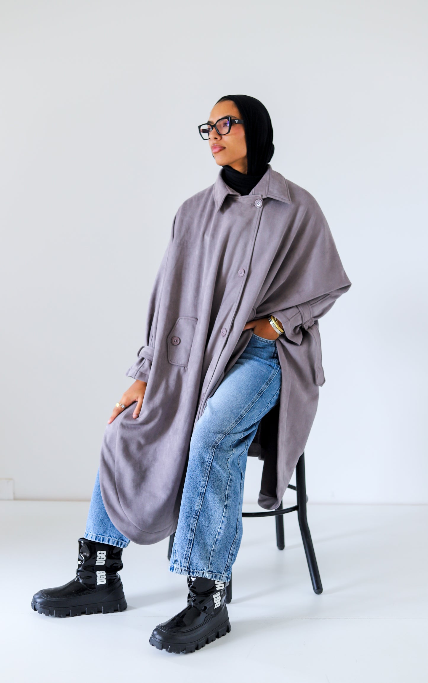 Open Sided Suede Coat — Gray