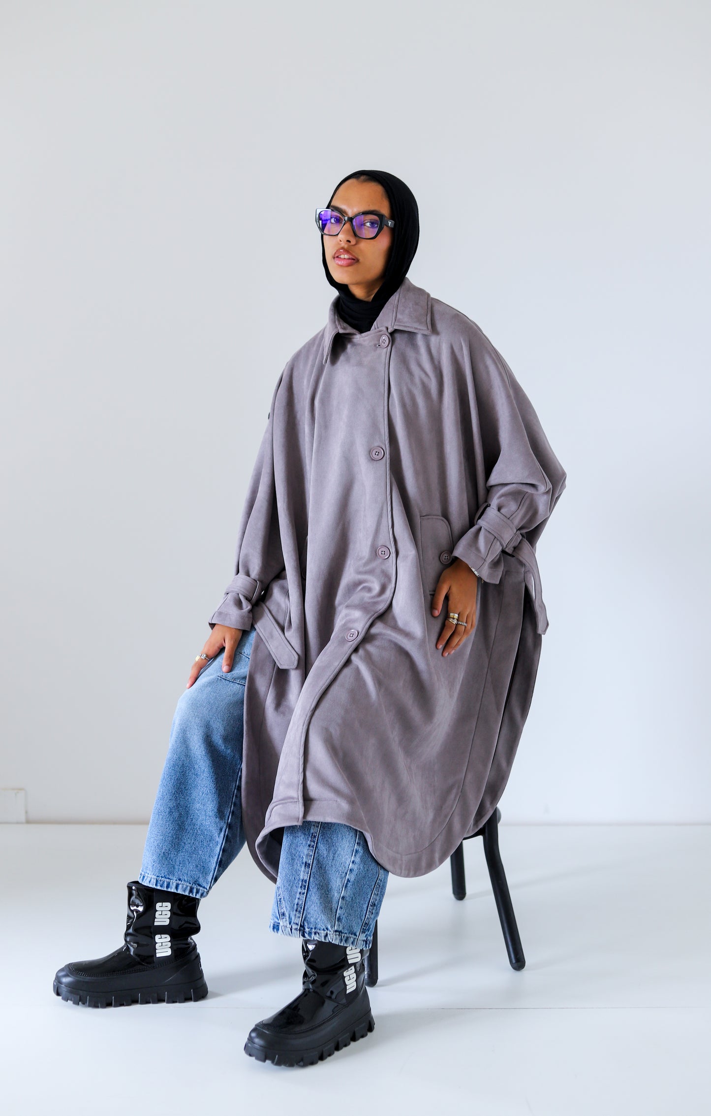 Open Sided Suede Coat — Gray