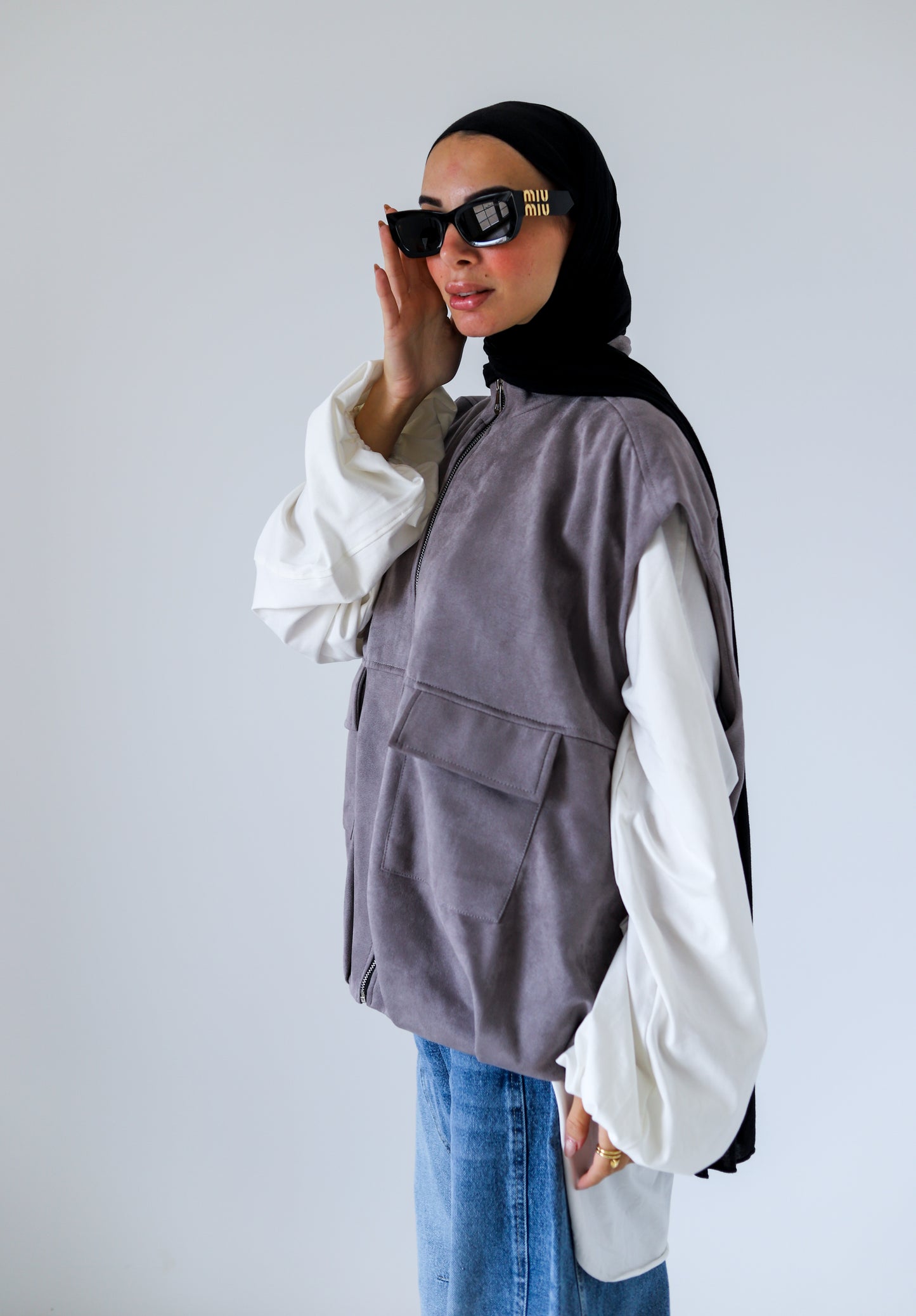 Bomber Pockets Suede Vest — Gray