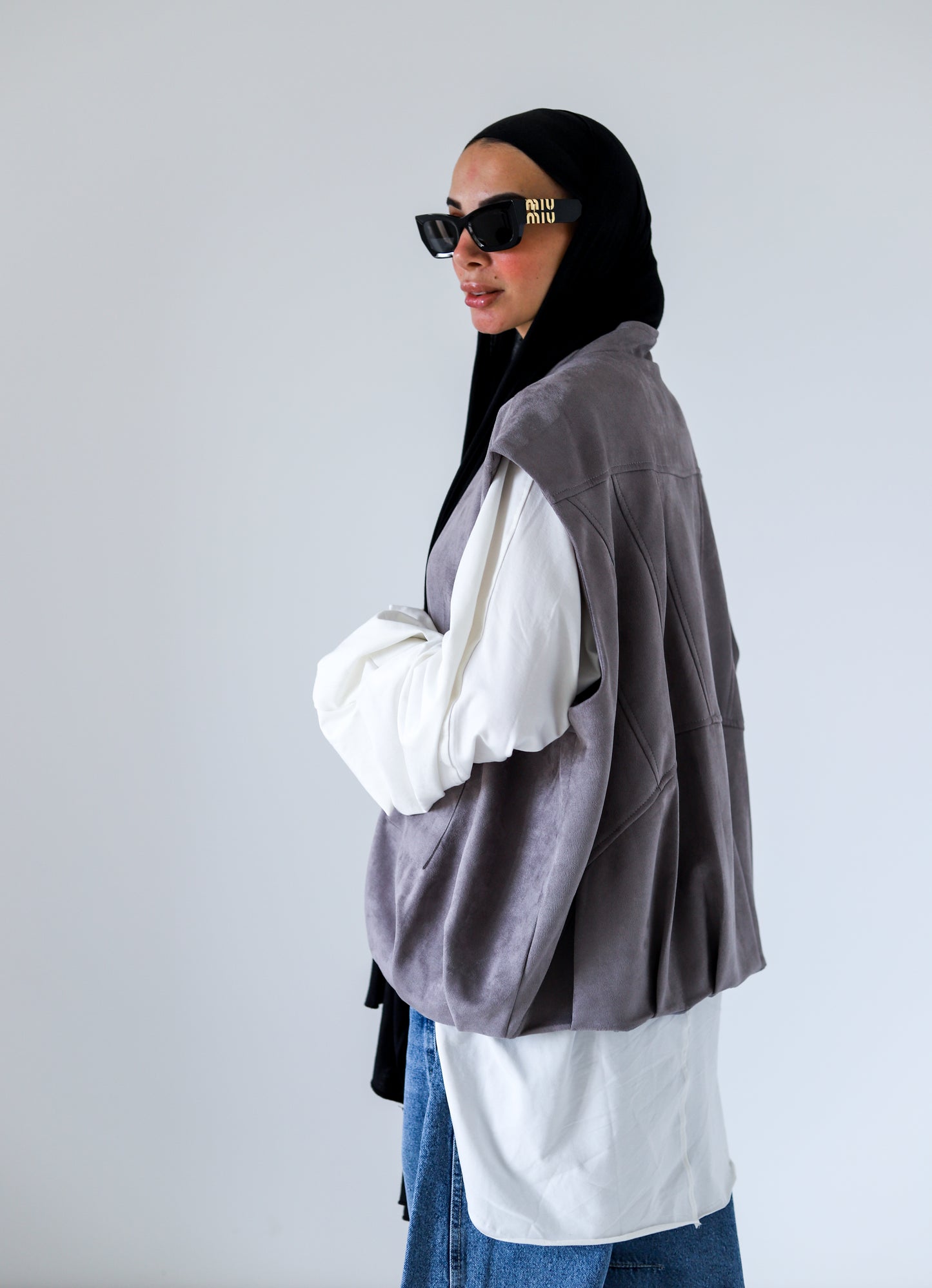 Bomber Pockets Suede Vest — Gray