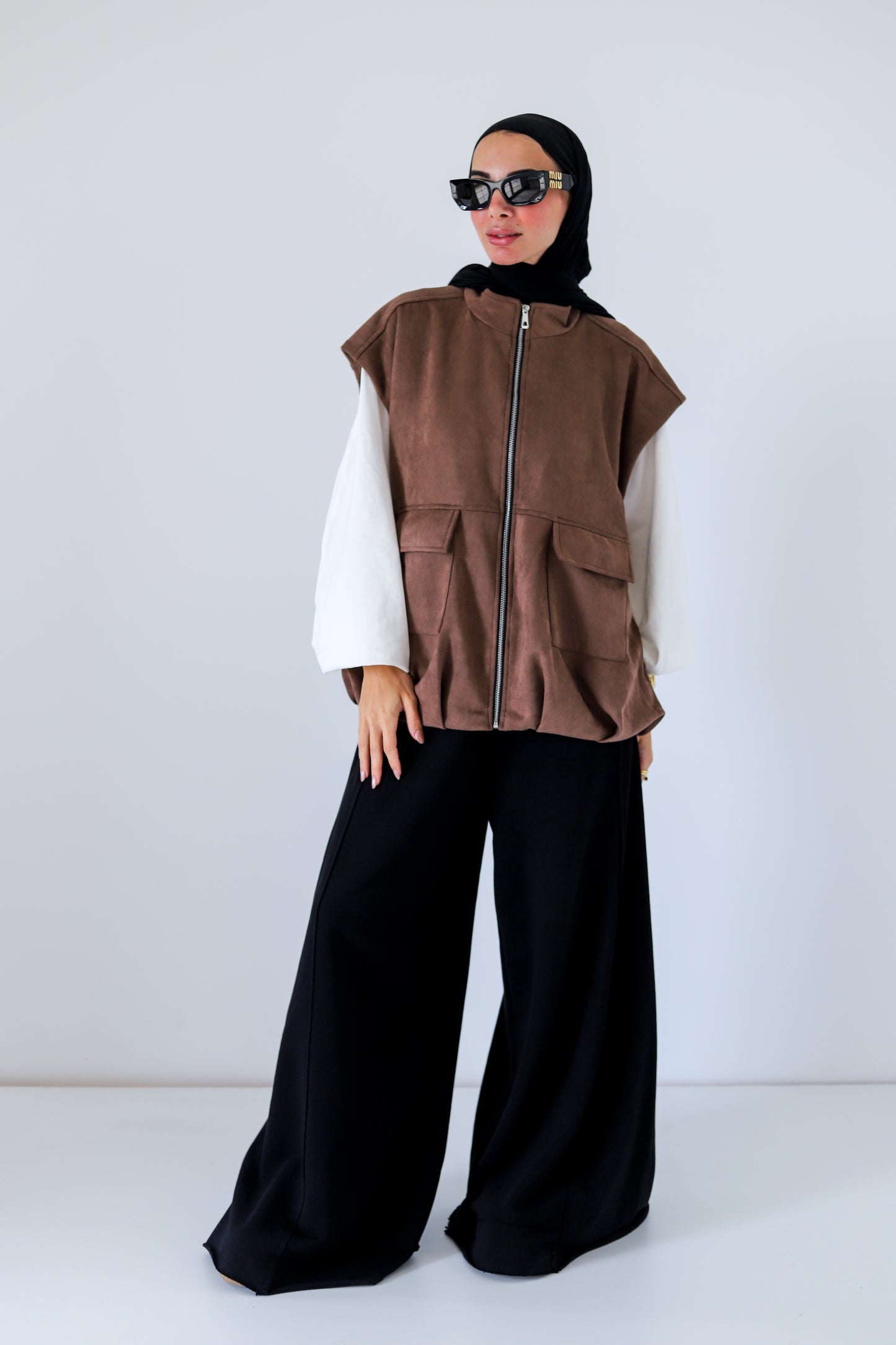 Bomber Pockets Suede Vest — Brown