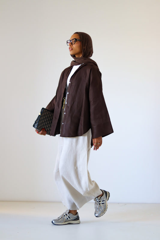 Rounded Linen Shirt — Brown