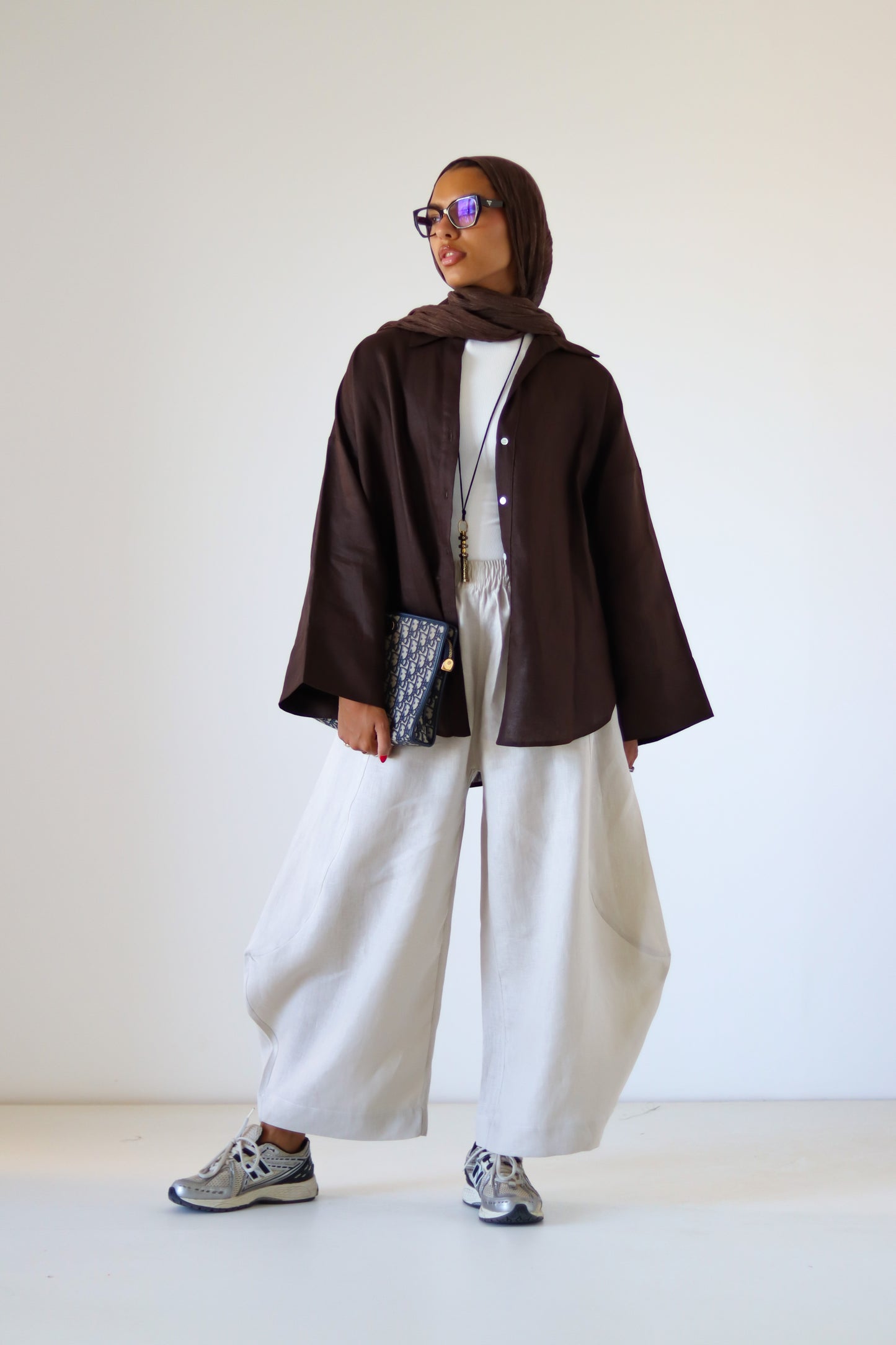 Rounded Linen Shirt — Brown